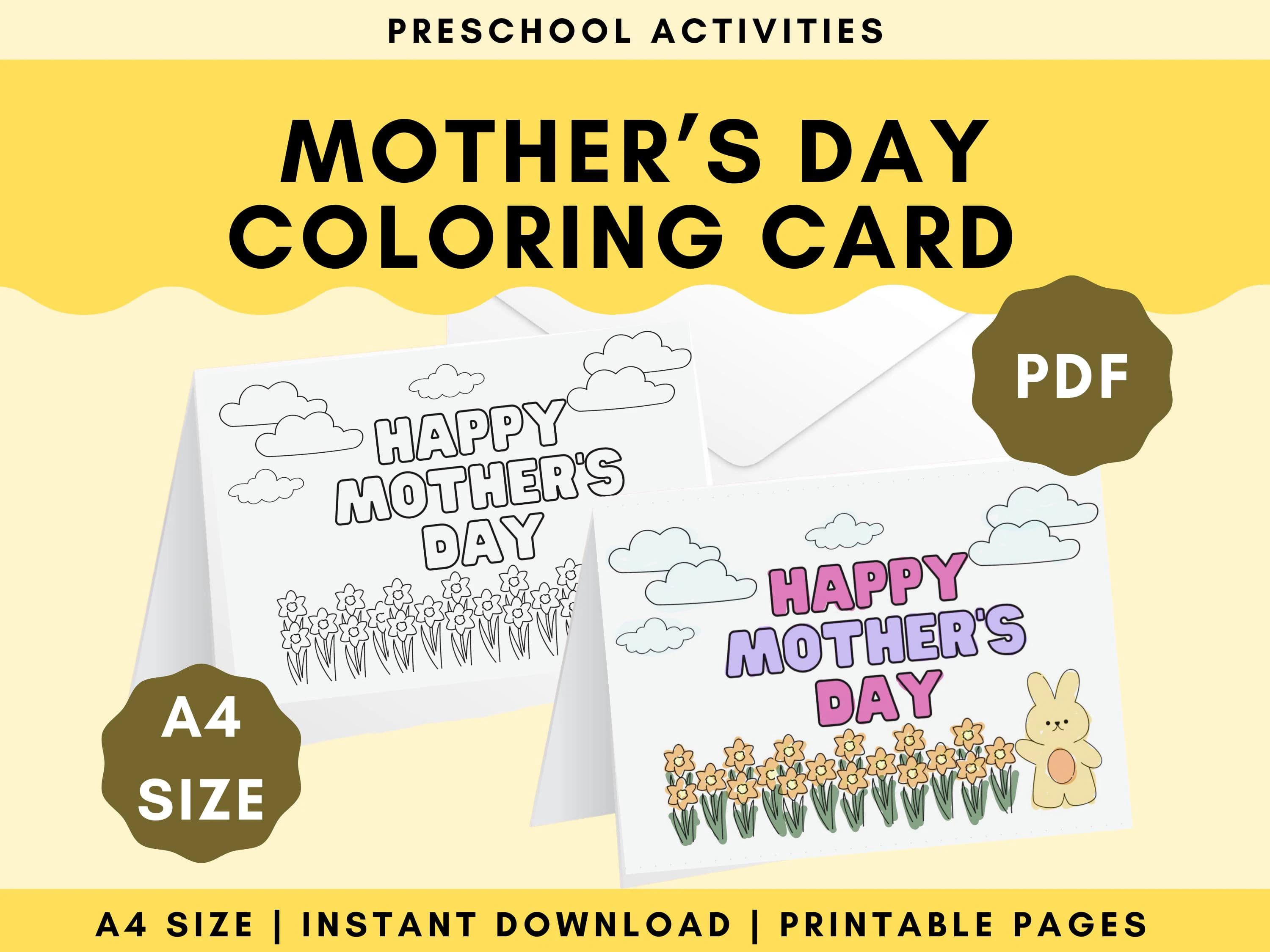 Mother's Day Coloring Card Printable: Flowers & Bunny Design (PDF)