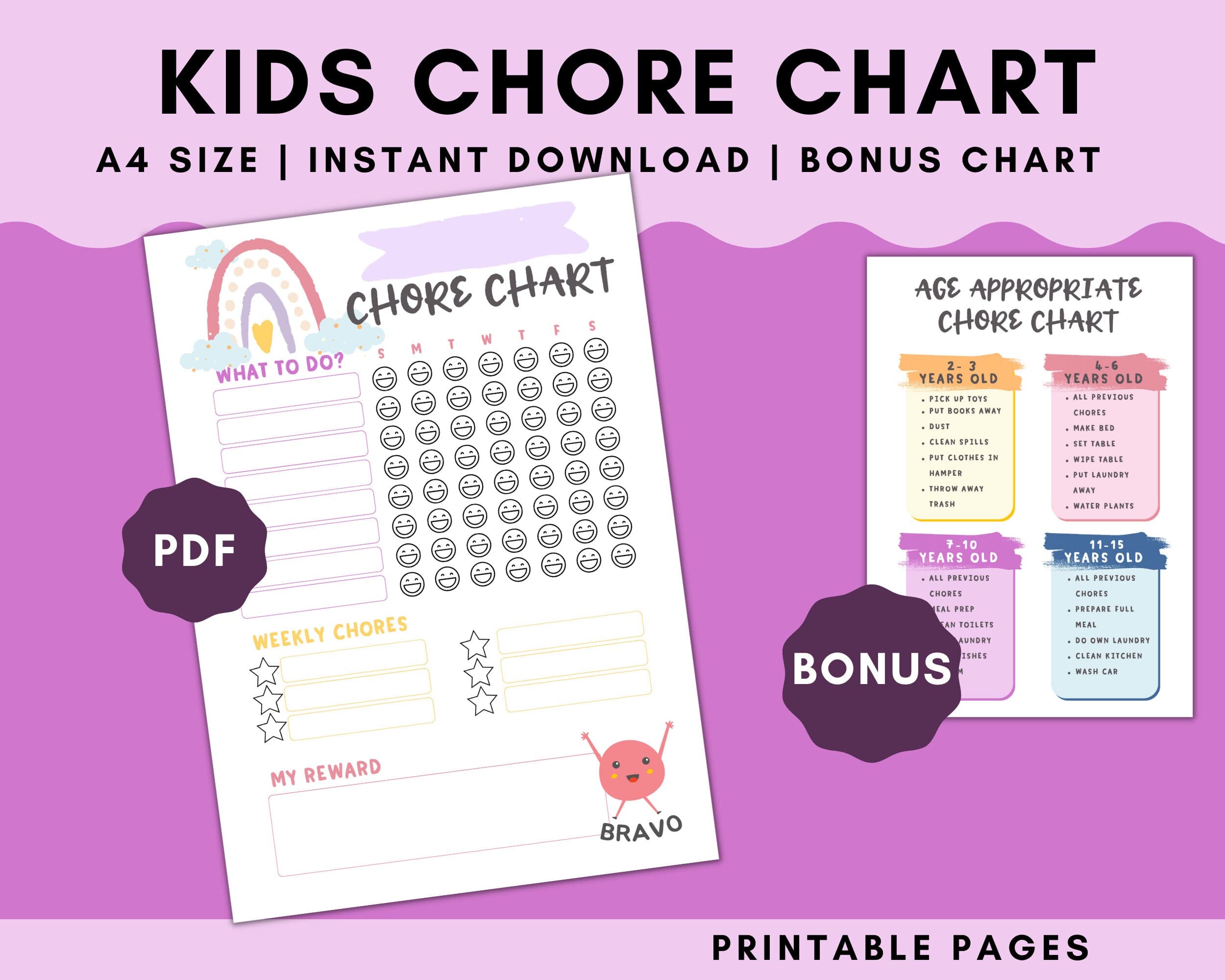 Printable Kids Chore Chart, Responsibility Tracker (Digital Download)