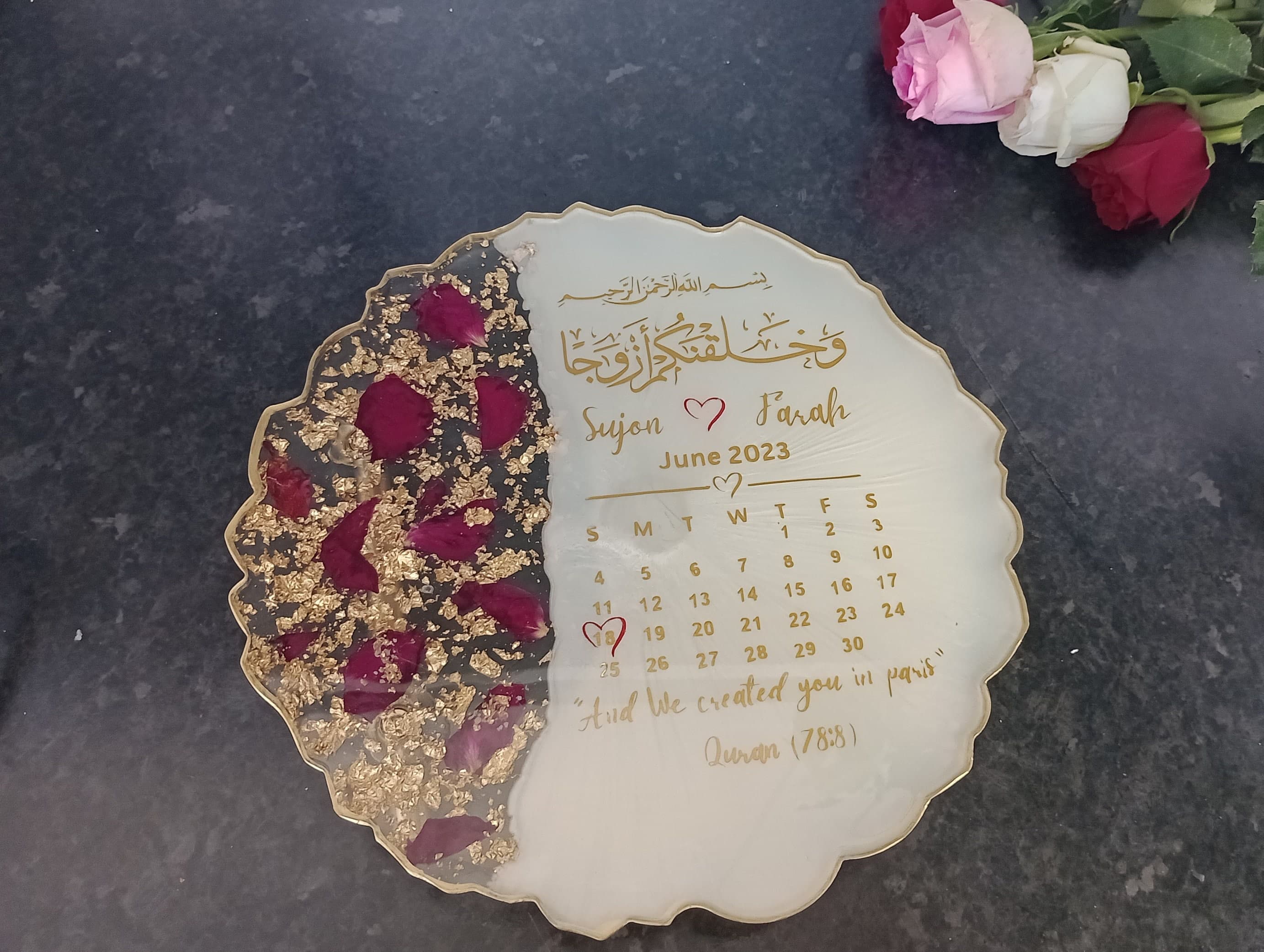 Handmade Personalized Wedding Resin Tray W/ Rose Petals & Holders, Islamic Wedding Ring Tray, Wedding Gift, Nikkah Tray, Ring Dish