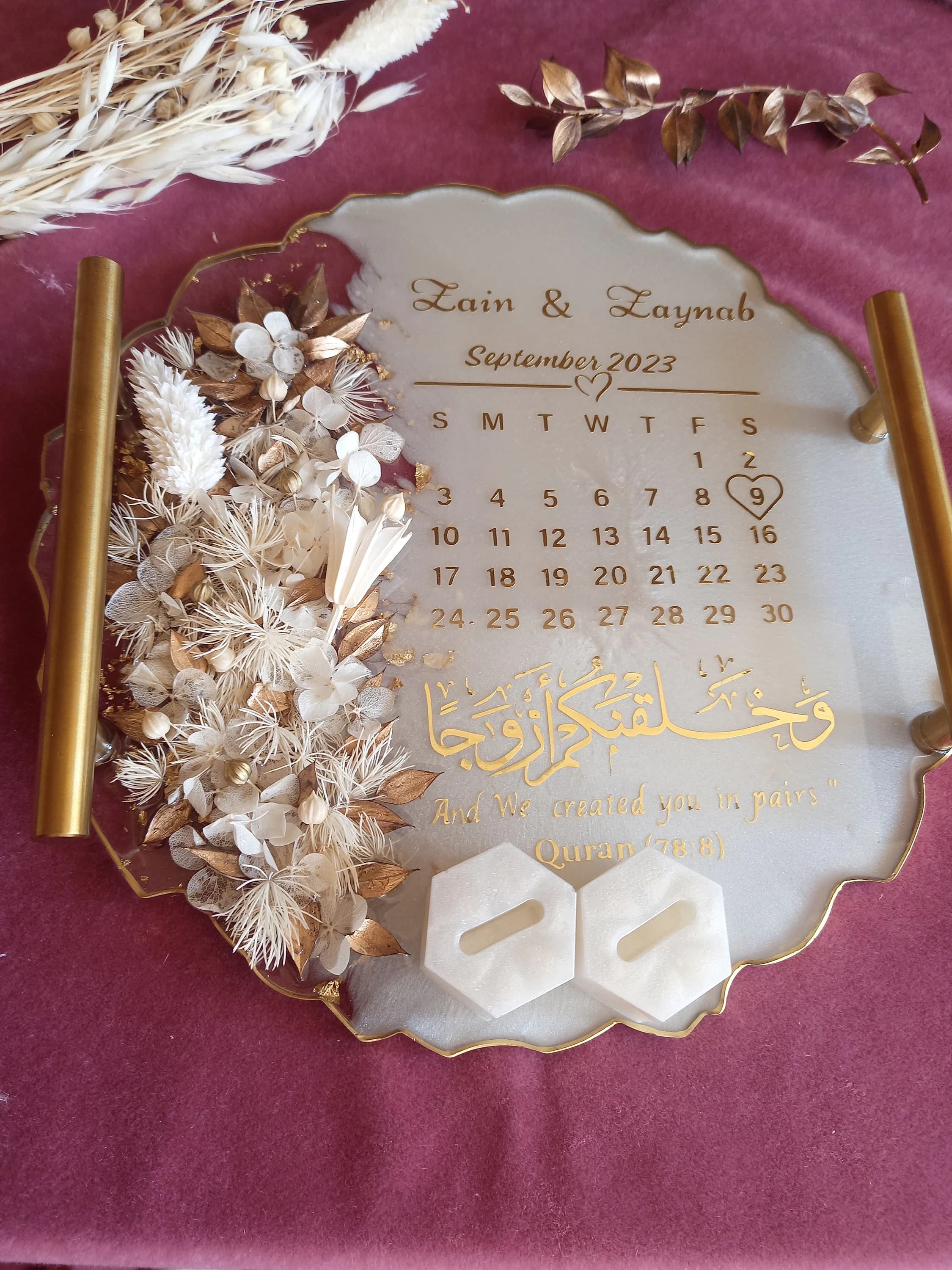 Handmade Personalized Wedding Resin Tray W/ Rose Petals & Holders, Islamic Wedding Ring Tray, Wedding Gift, Nikkah Tray, Ring Dish