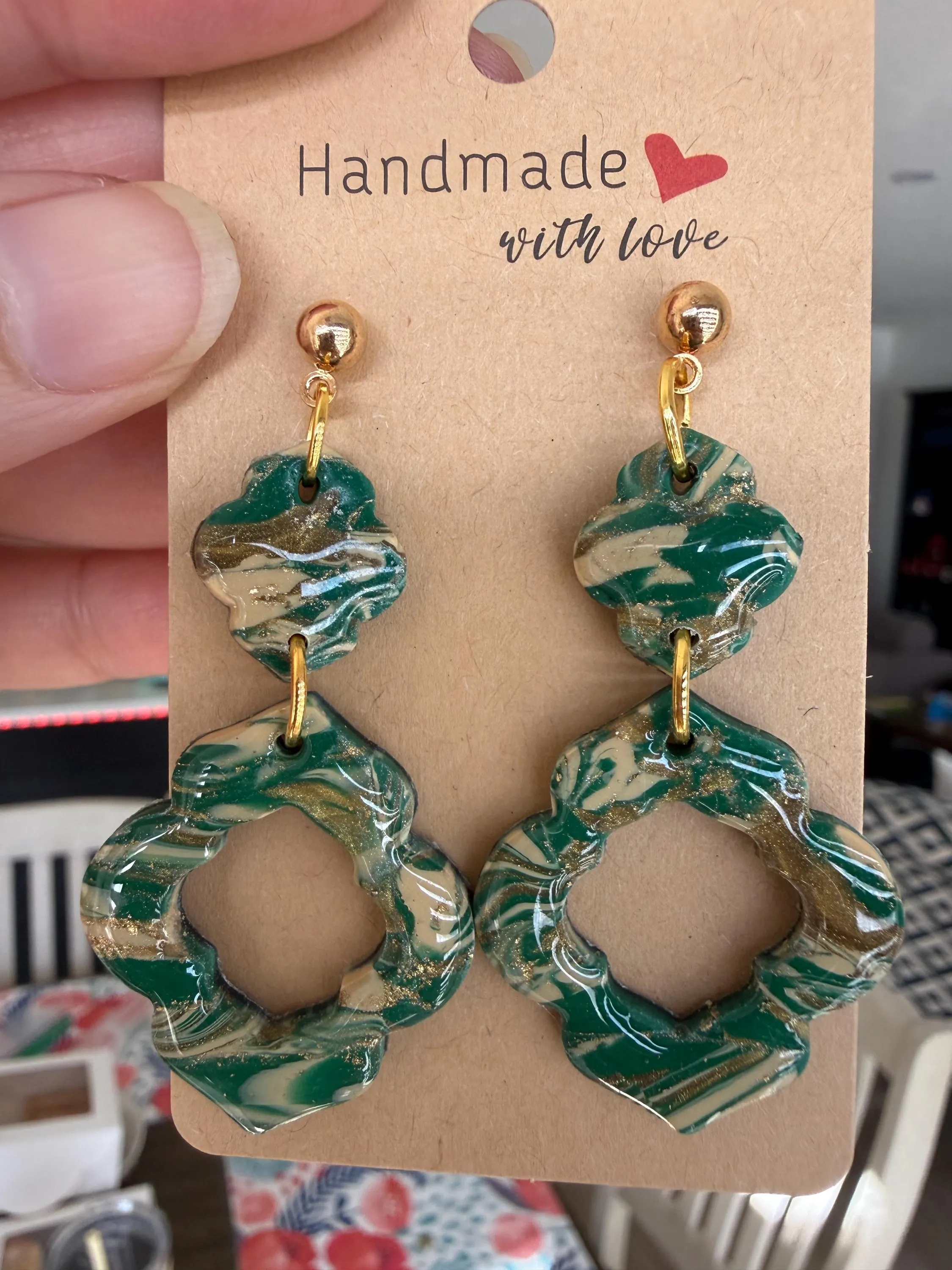 Green marble effect-floral polymer clay earrings-handcrafted-Best gift ideas