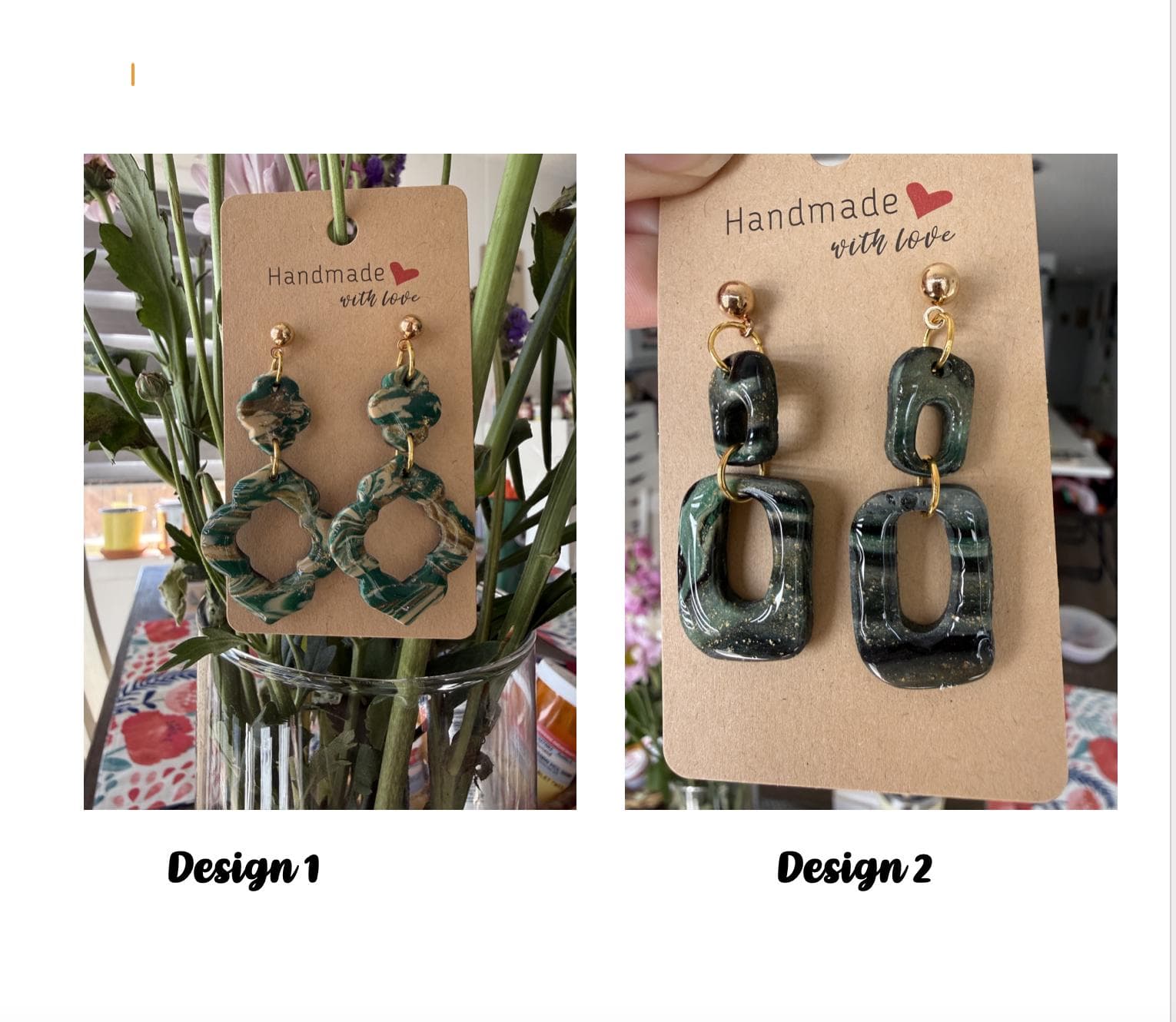 Green marble effect-floral polymer clay earrings-handcrafted-Best gift ideas - image 2