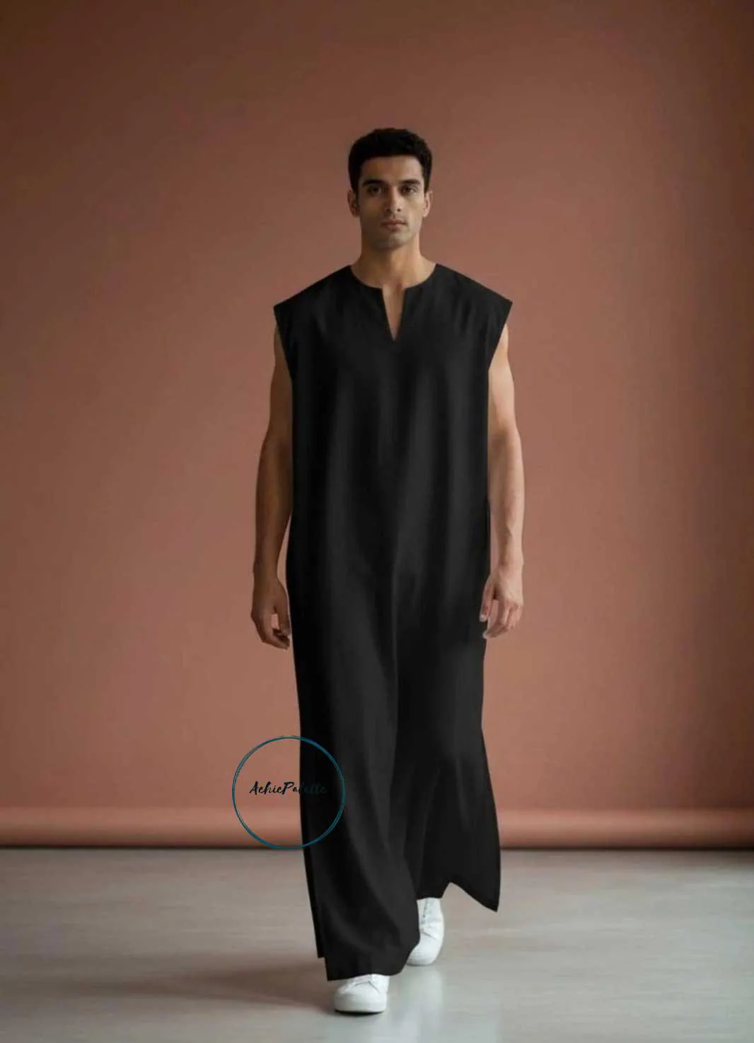 Men's Green Sleeveless Kaftan Maxi Tunic | Minimalist Islamic Thobe Abaya Style - image 4