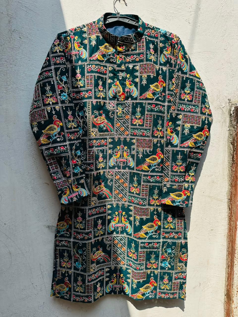 Cotton Handcrafted Teal Blue Mirror Work Kurta for Men | Traditional Embroidered Indian Ethnic Wear