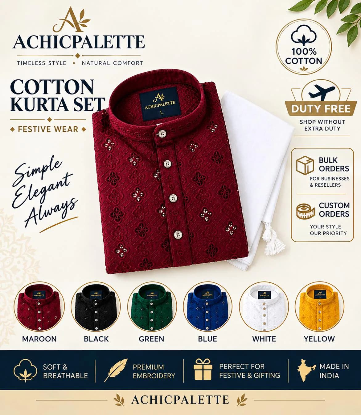 Men's Cotton Chikankari Kurta Pajama Set | Lucknowi Embroidered Indian Ethnic Wear ACP-1