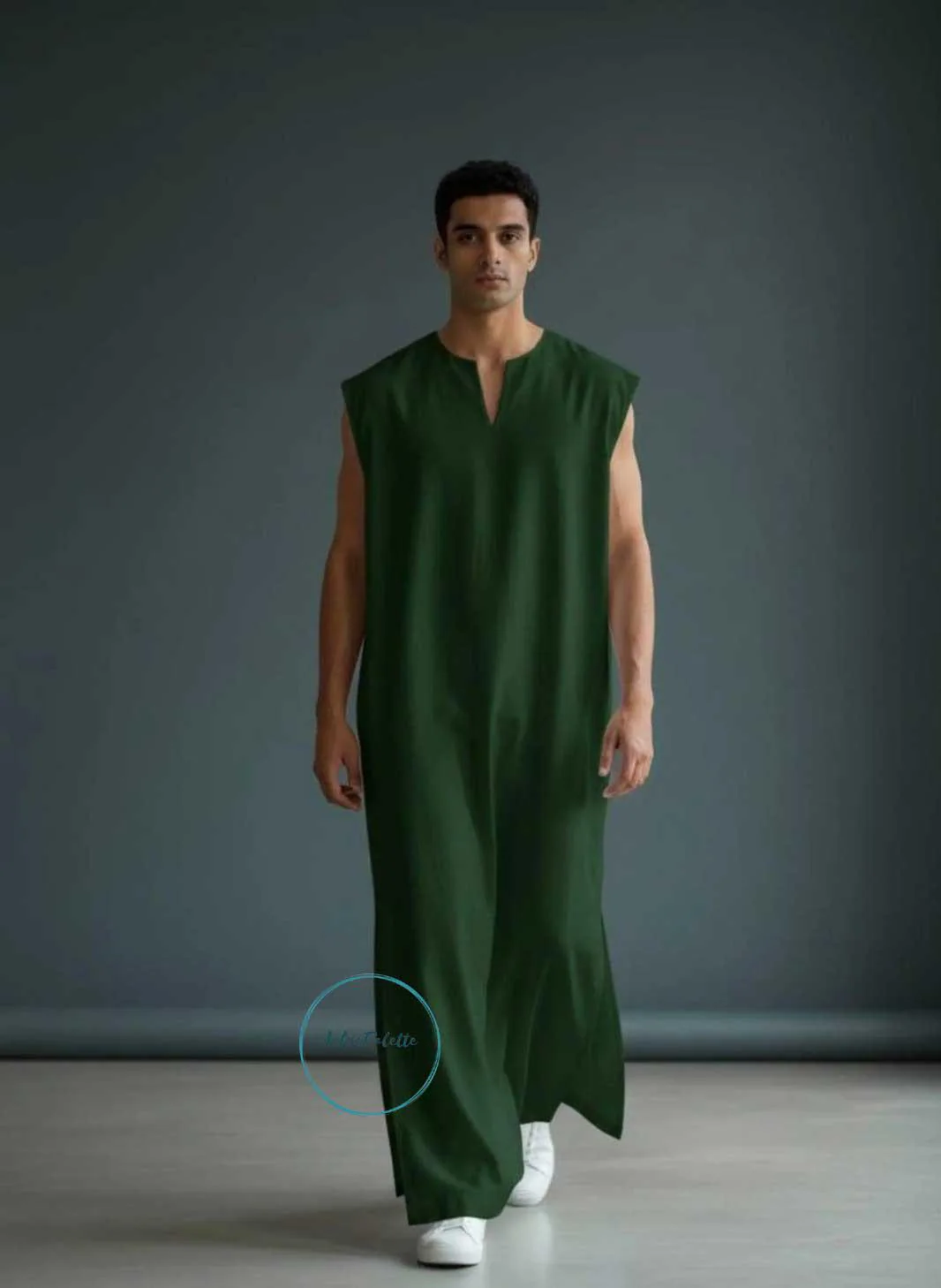 Men's Green Sleeveless Kaftan Maxi Tunic | Minimalist Islamic Thobe Abaya Style