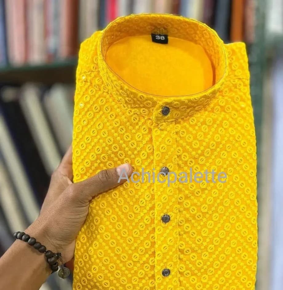 Handmade Chikankari Cotton Kurta, Men's Party Outfit