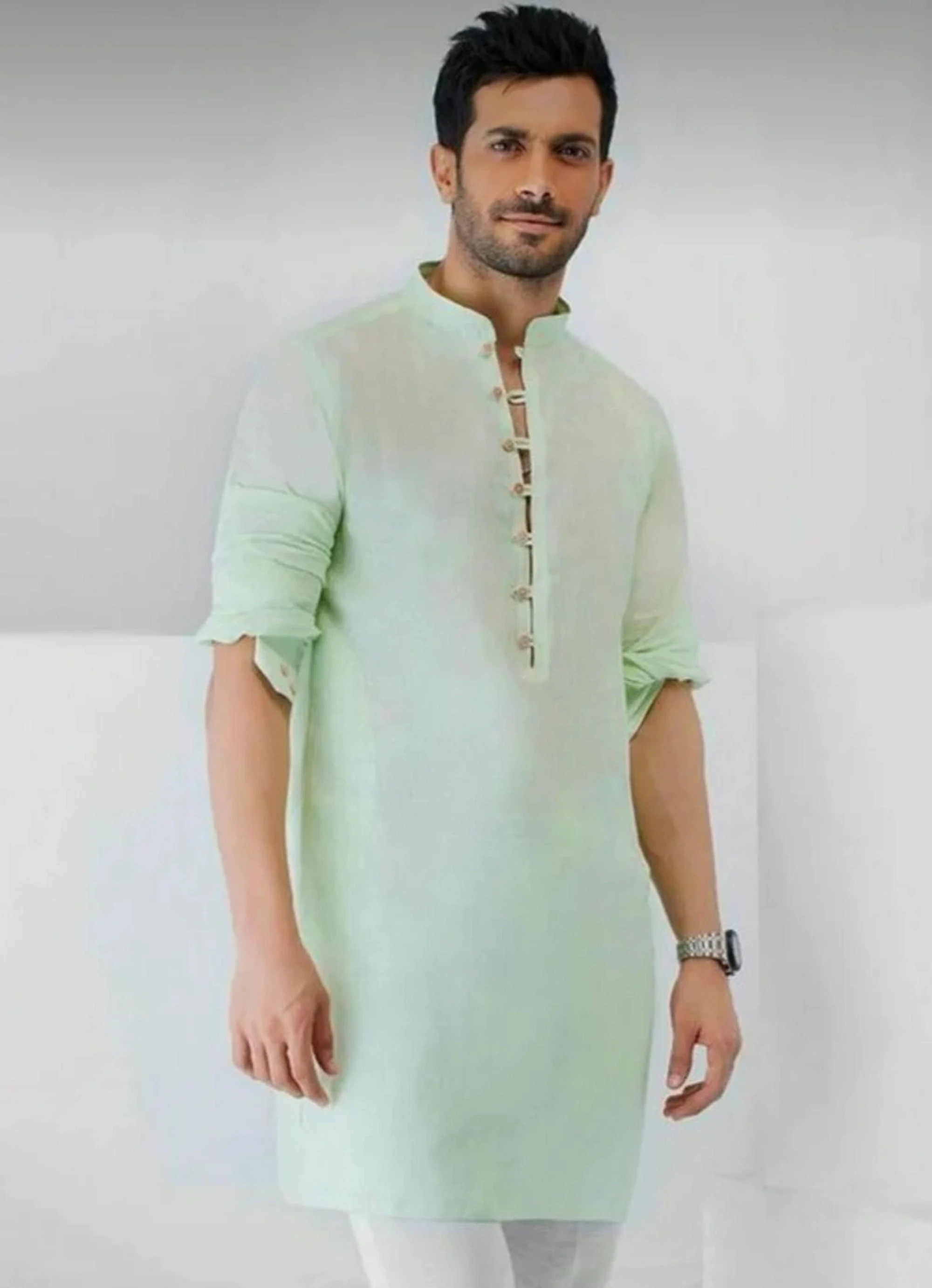 Light Green Cotton Men's Kurta, Handmade Indian Shirt - image 4