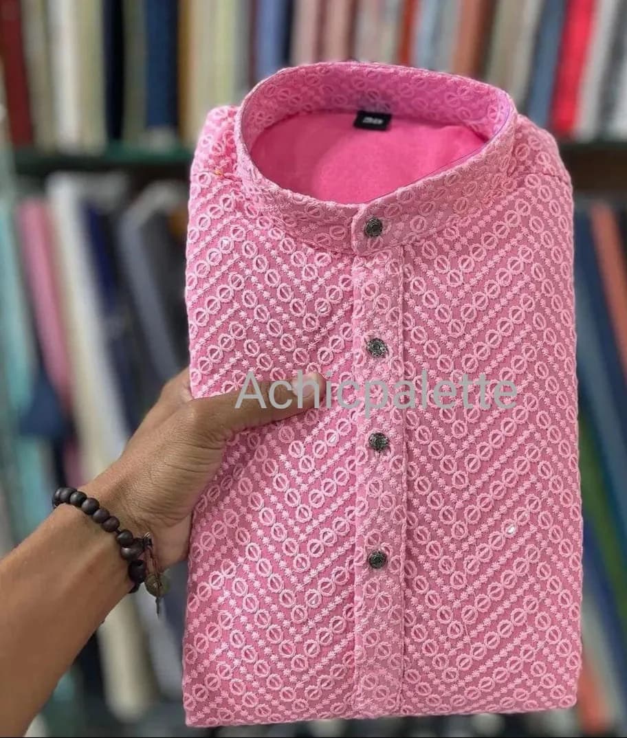 Handmade Chikankari Cotton Kurta, Men's Party Outfit - image 5