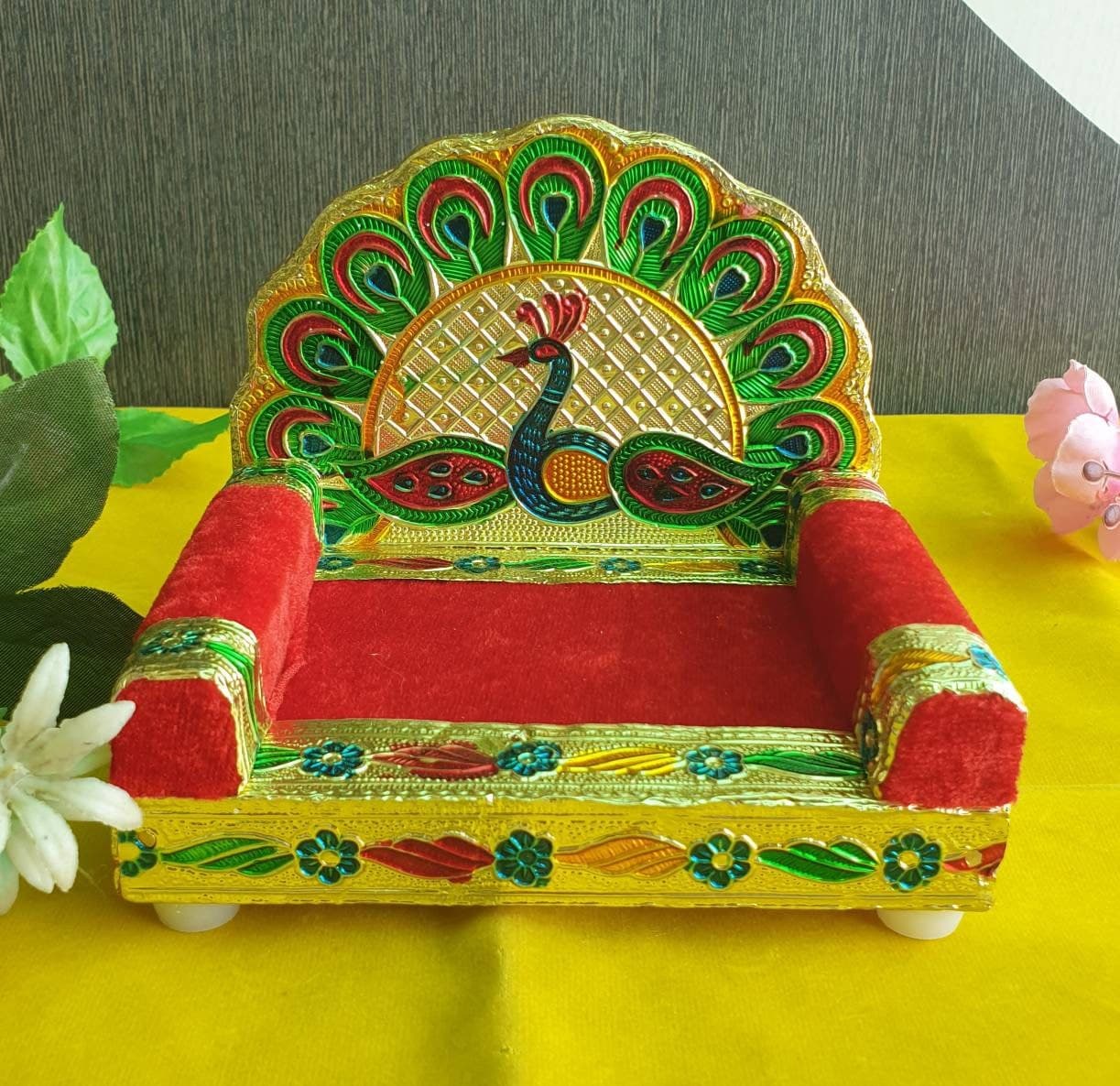 Handmade Minakari Peacock Singhasan: Laddu Gopal God Sofa (11 CM Height)