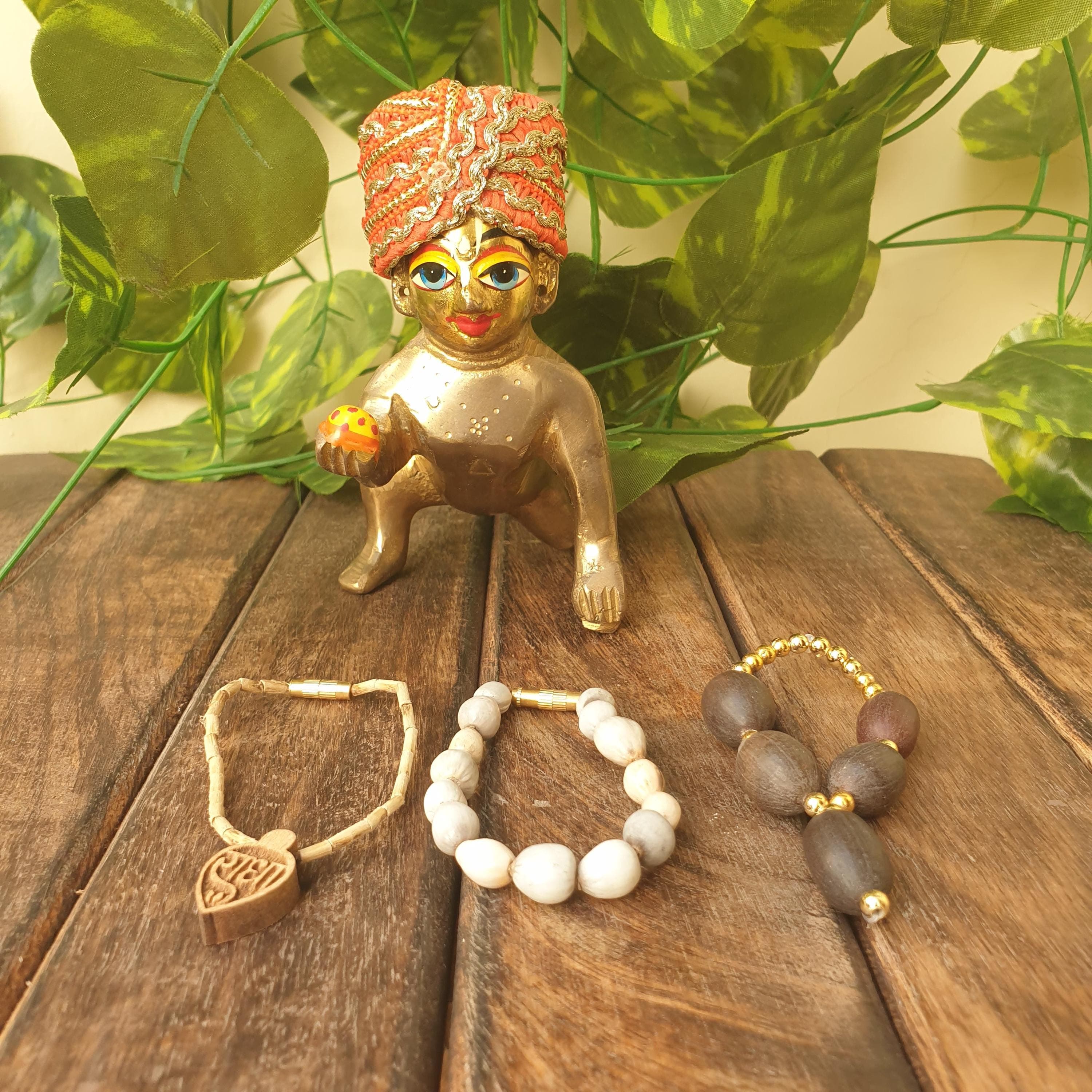 Handmade Tulsi, Vaijanti & Kamal Gatta Mala: Baby Krishna Laddu Gopal Ornament Set (6 cm)
