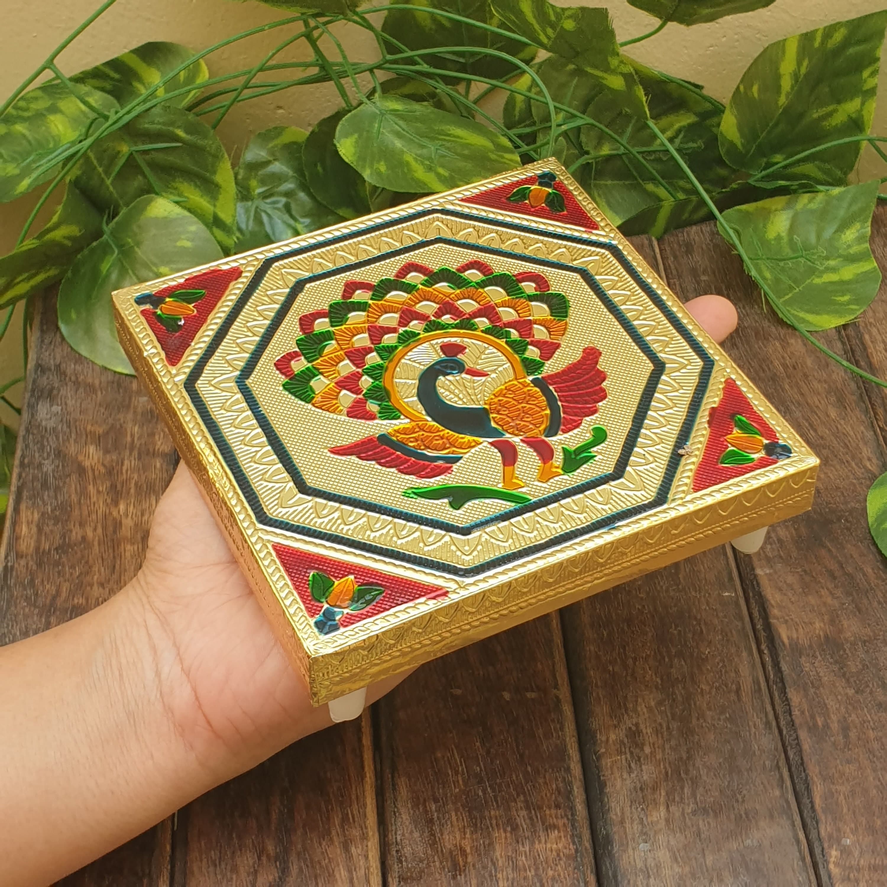 Minakari Wooden Chowki: Laddu Gopal Singhasan, Pooja Decor (5x5 Inch)