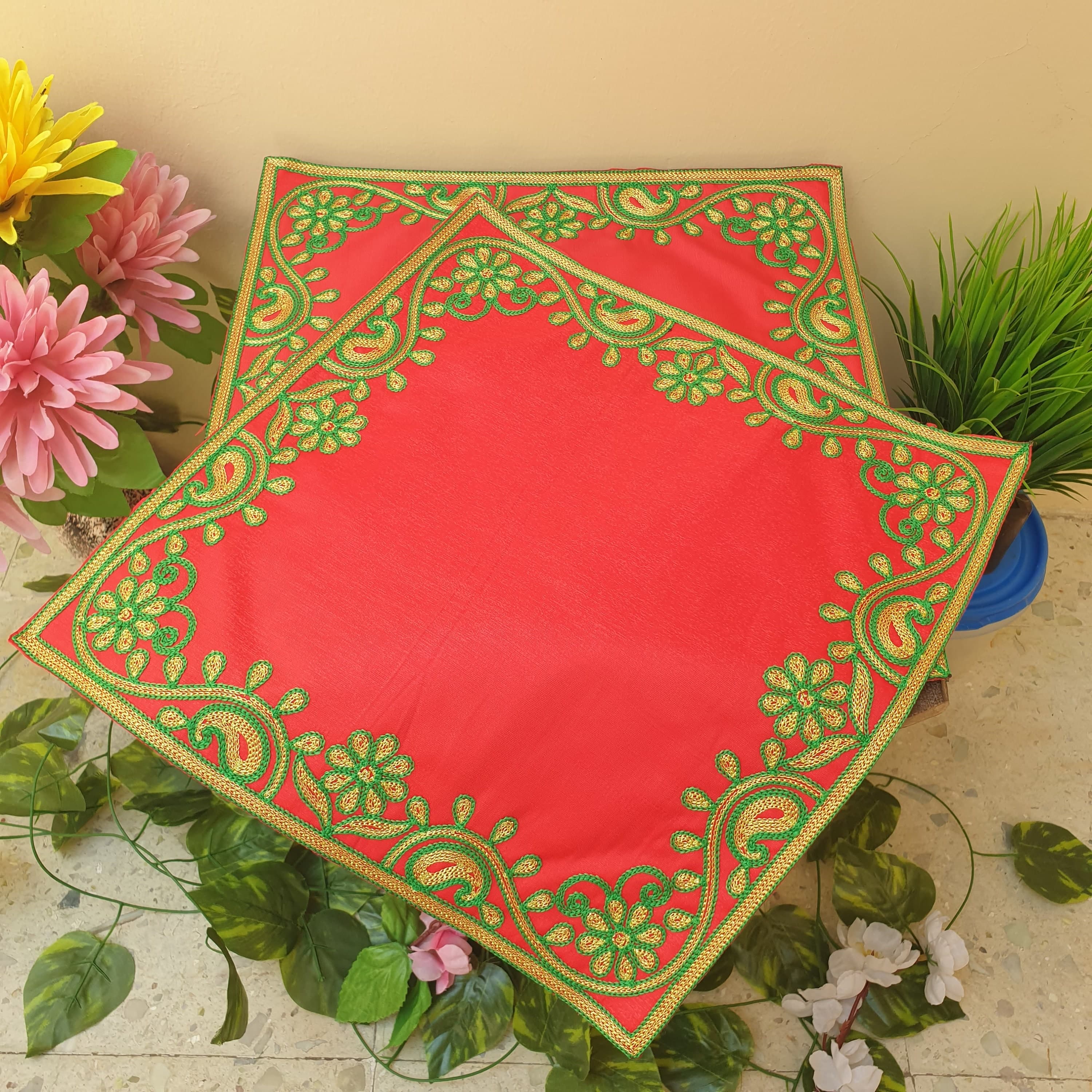 Red Velvet Pooja Aasan Mat: Embroidered Altar Cloth (Pack of 2)