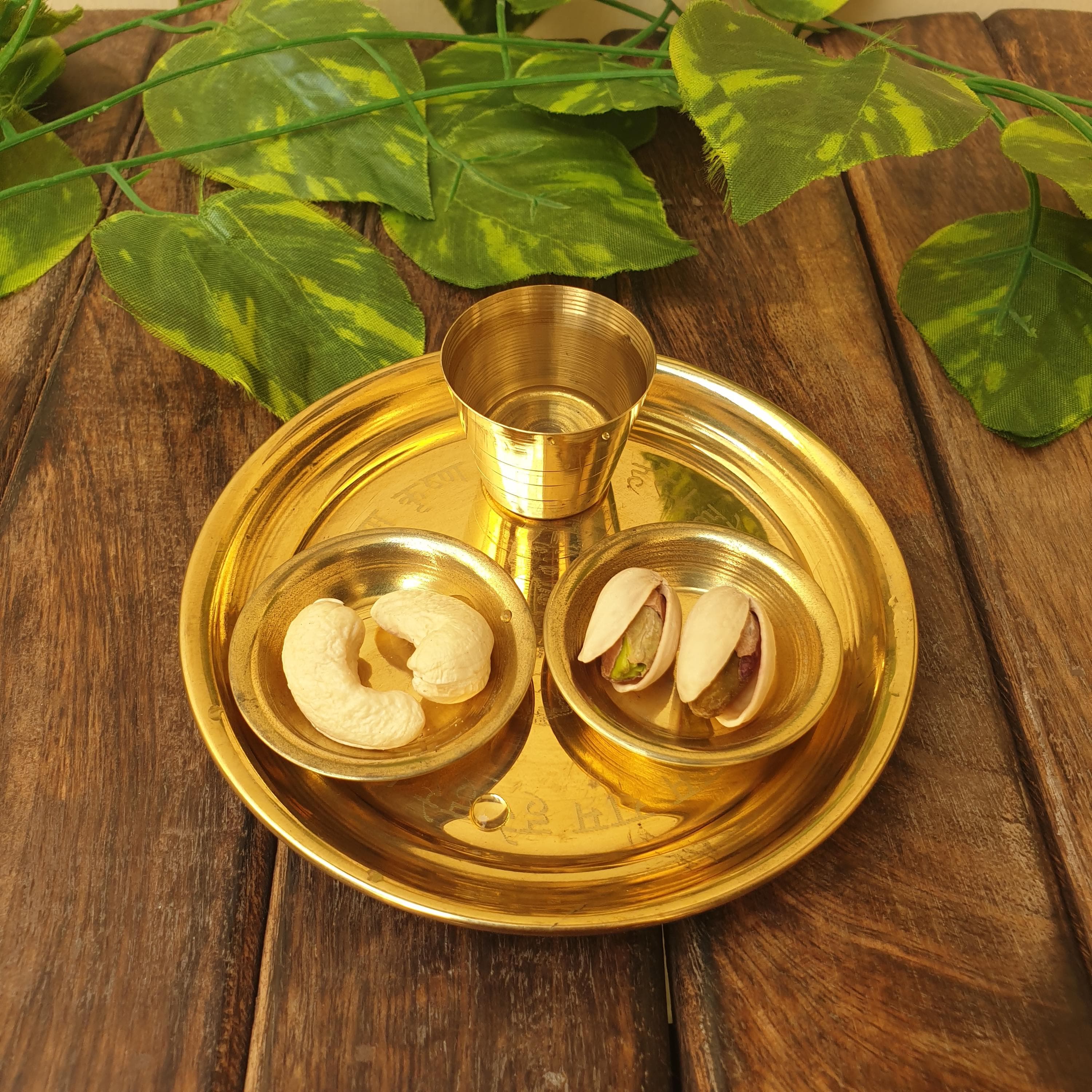 Brass Puja Thali Set: Laddu Gopal Prashad Plate, Bowl, Glass (4x4 Inch)