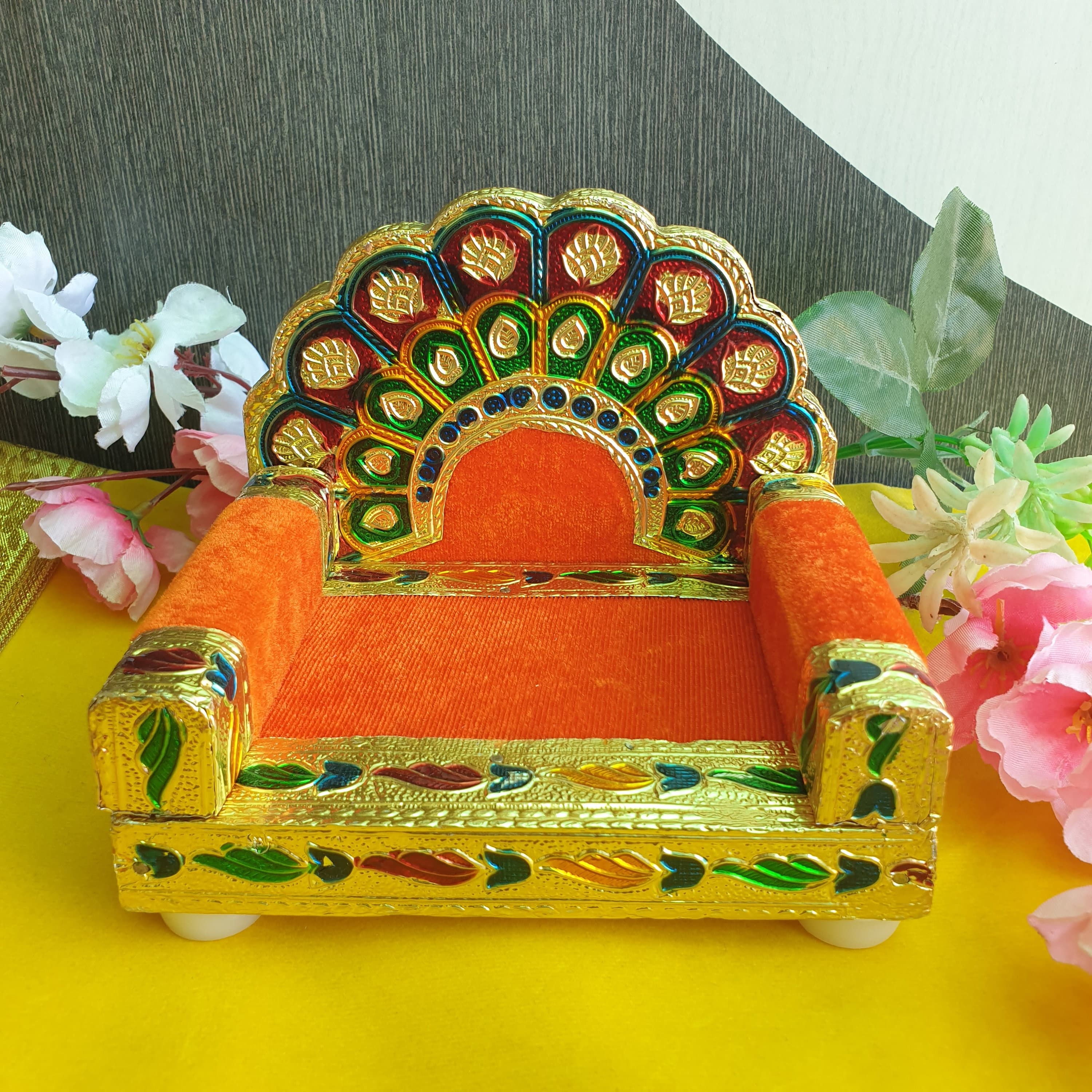 Minakari Laddu Gopal Singhasan: Peacock God Sofa, Wooden Pooja Chowki (11 CM Height)
