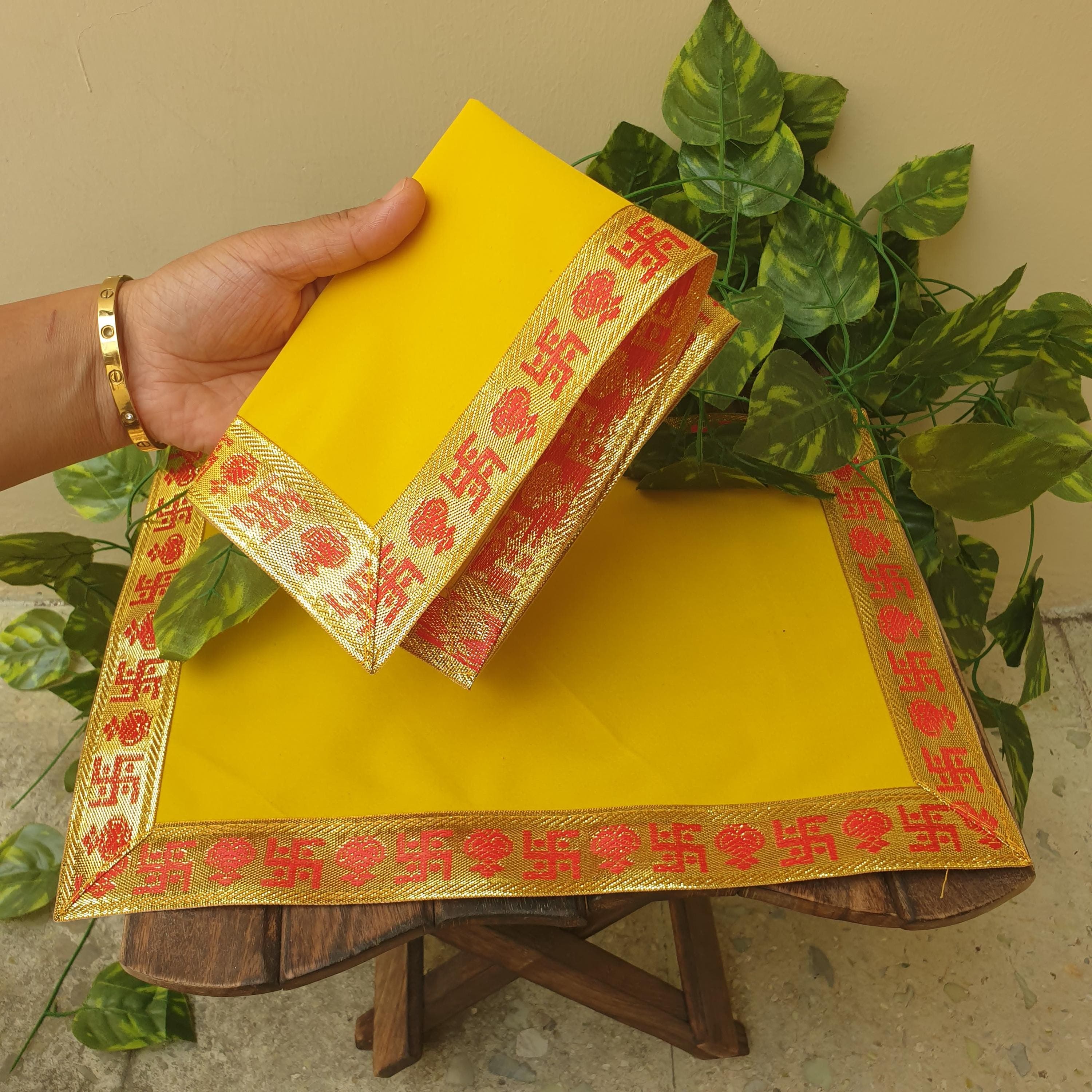 Yellow Velvet Pooja Aasan Cloth: Hindu Prayer Mat (Pack of 2)