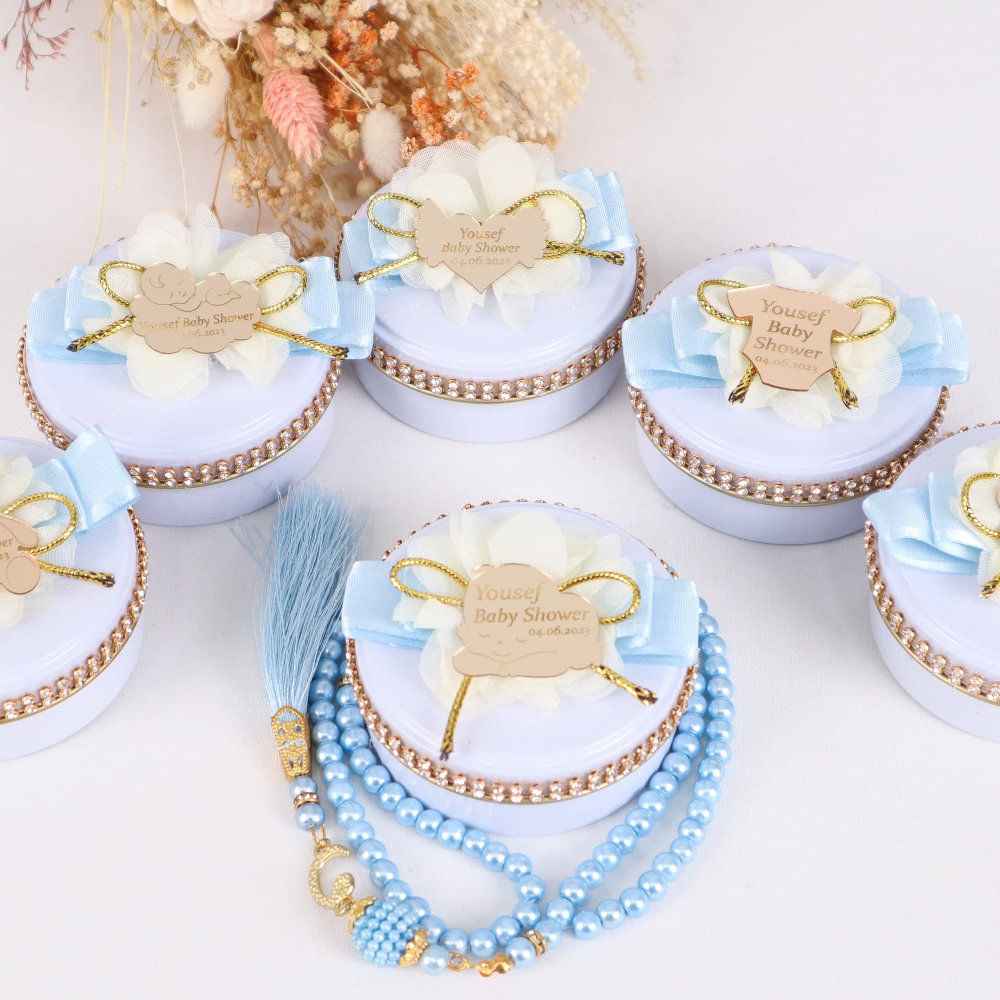 Personalized Pearl Prayer Beads, Baby Shower Favors in Metal Box