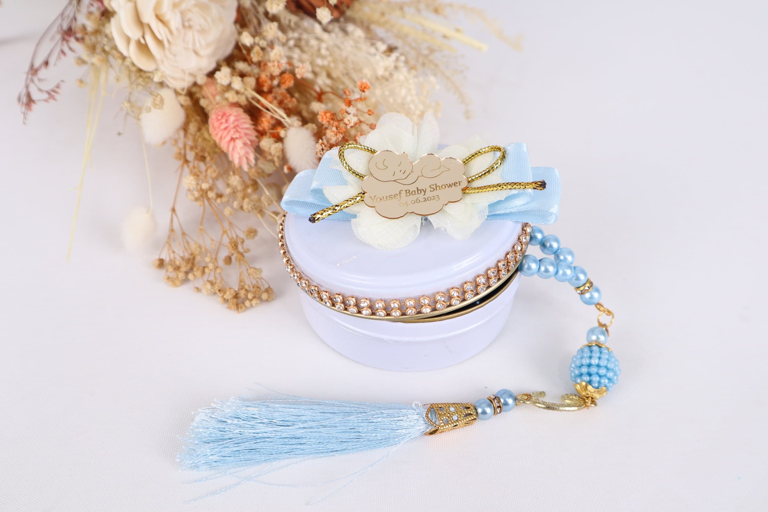 Personalized Pearl Prayer Beads, Baby Shower Favors in Metal Box - image 3