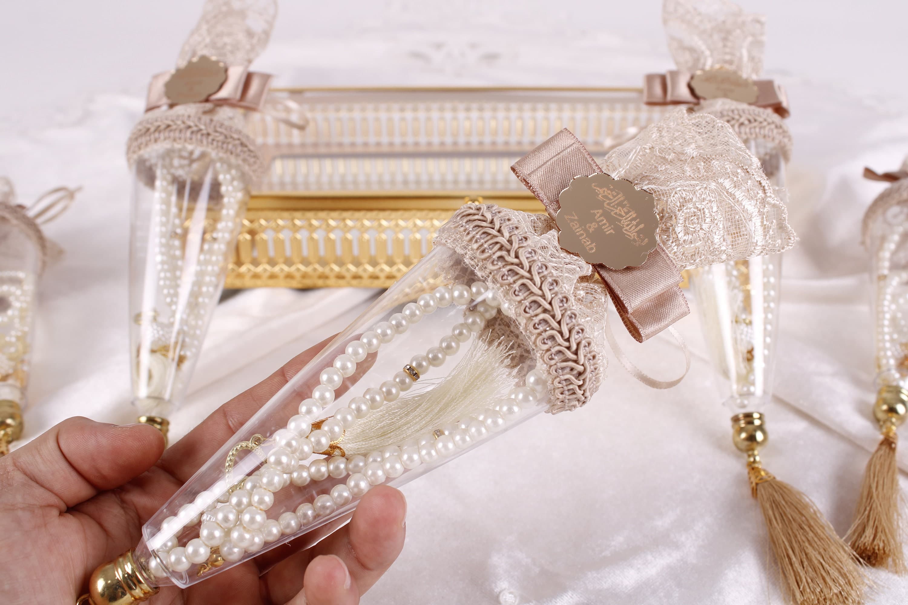 Personalized Pearl Prayer Beads: Decorated Cone Wedding Favors