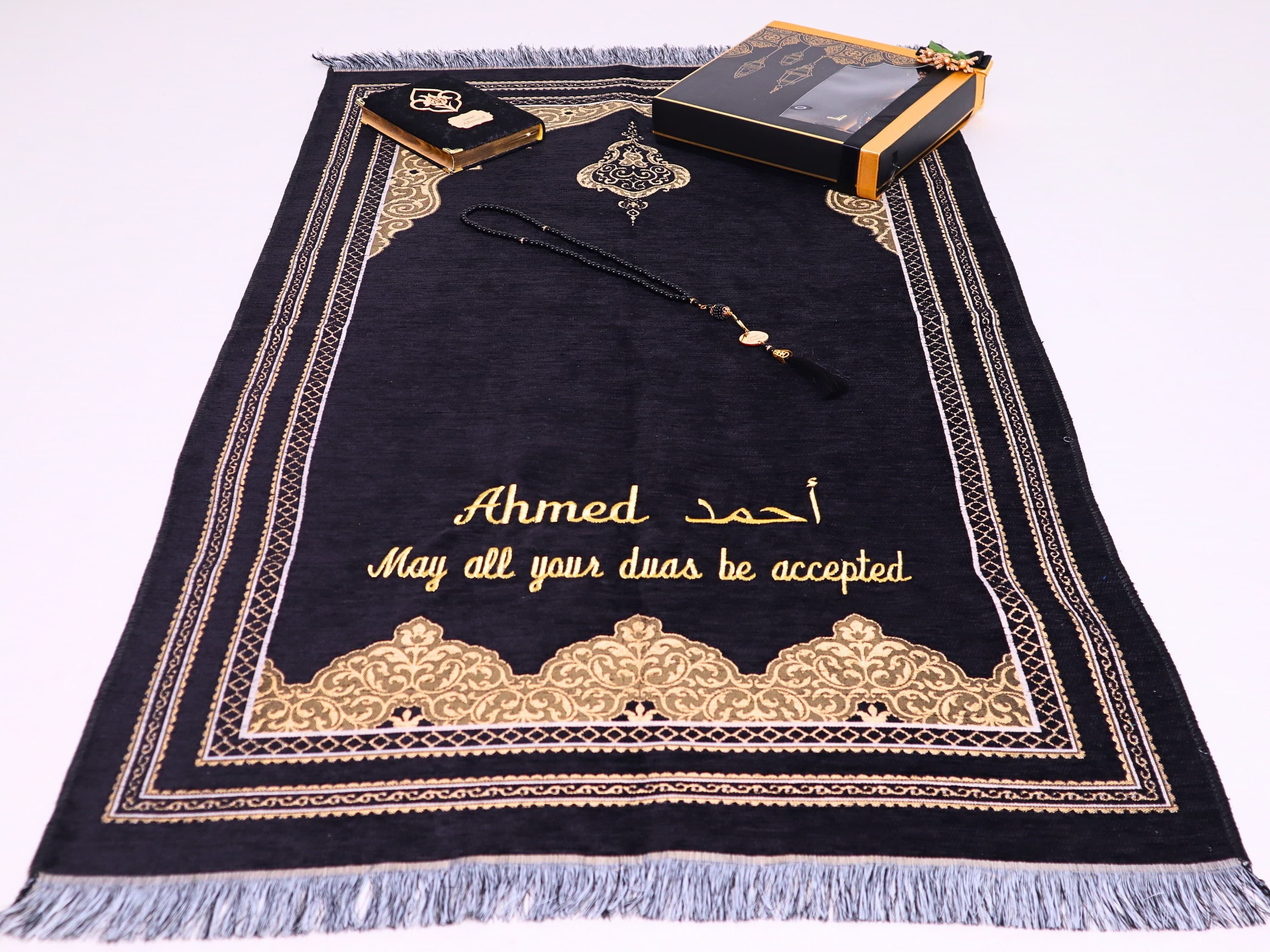 Personalized Chenille Prayer Mat Gift Set, Quran, Tasbeeh, Ramadan Favors, Eid Gifts for Him
