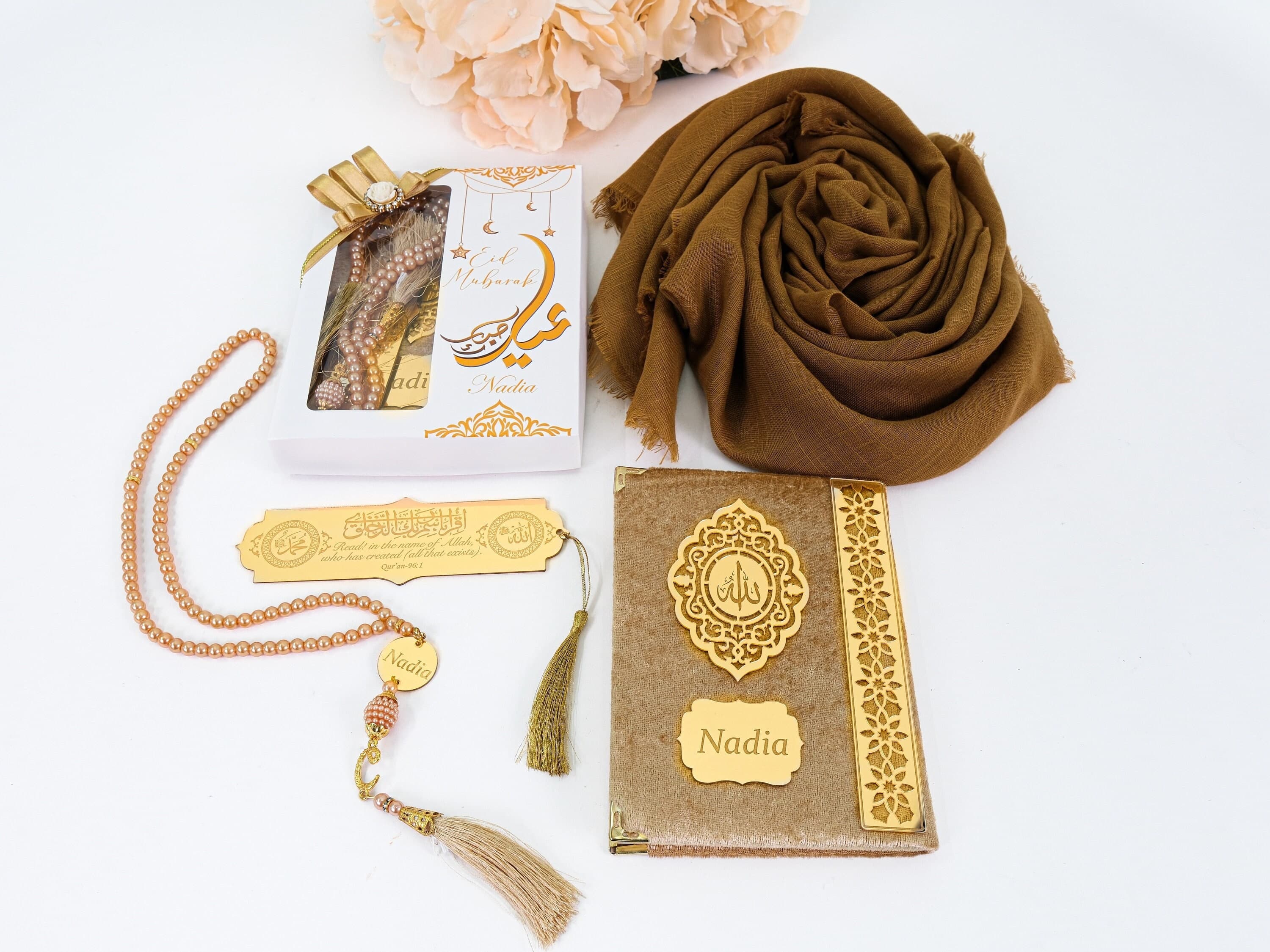 Personalized Islamic Gift Set: Velvet Yaseen Book, Tasbih, Hijab