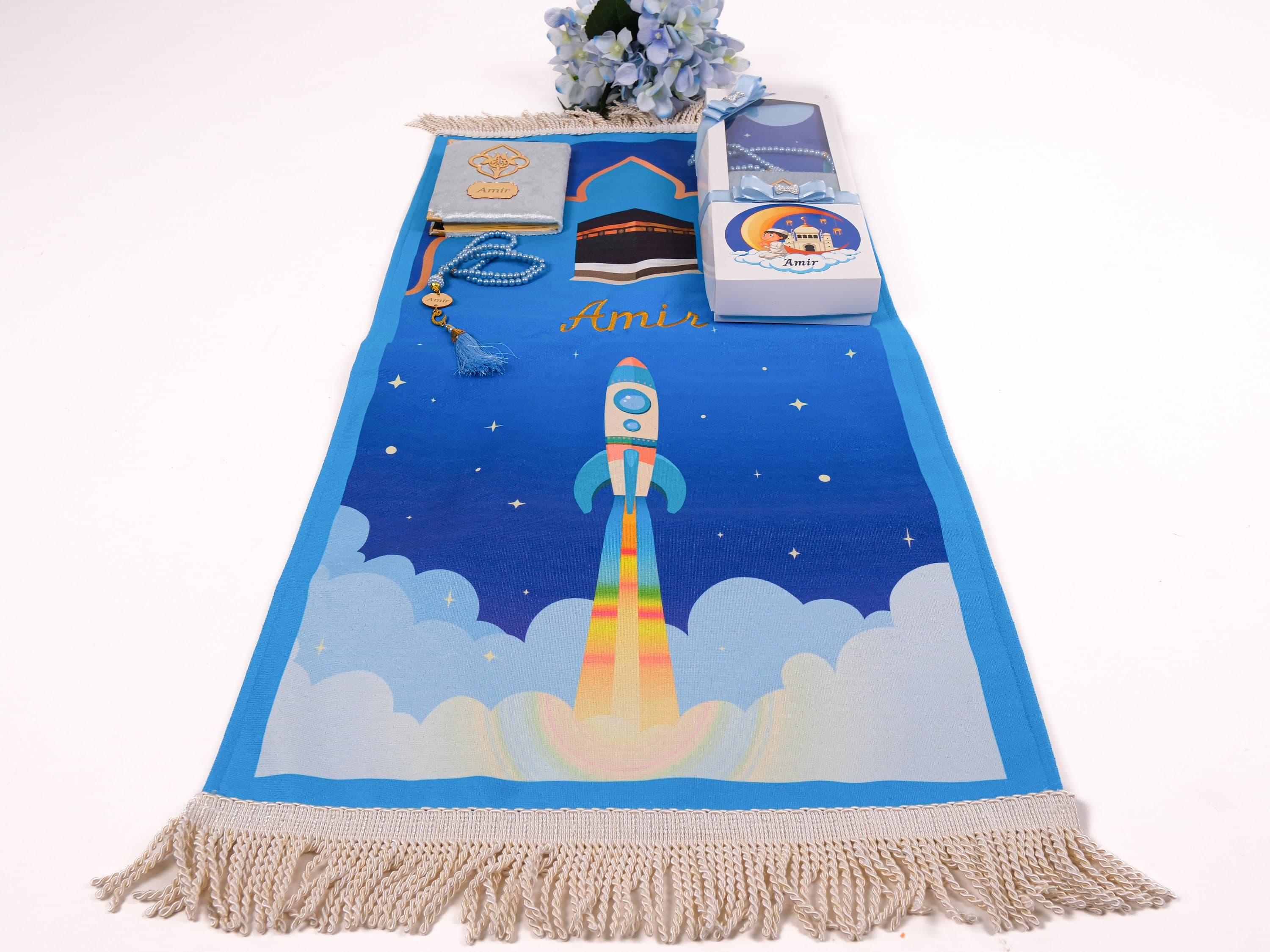 Personalized Kids Prayer Mat Gift Set: Quran, Tasbih, Woven Janamaz - image 3