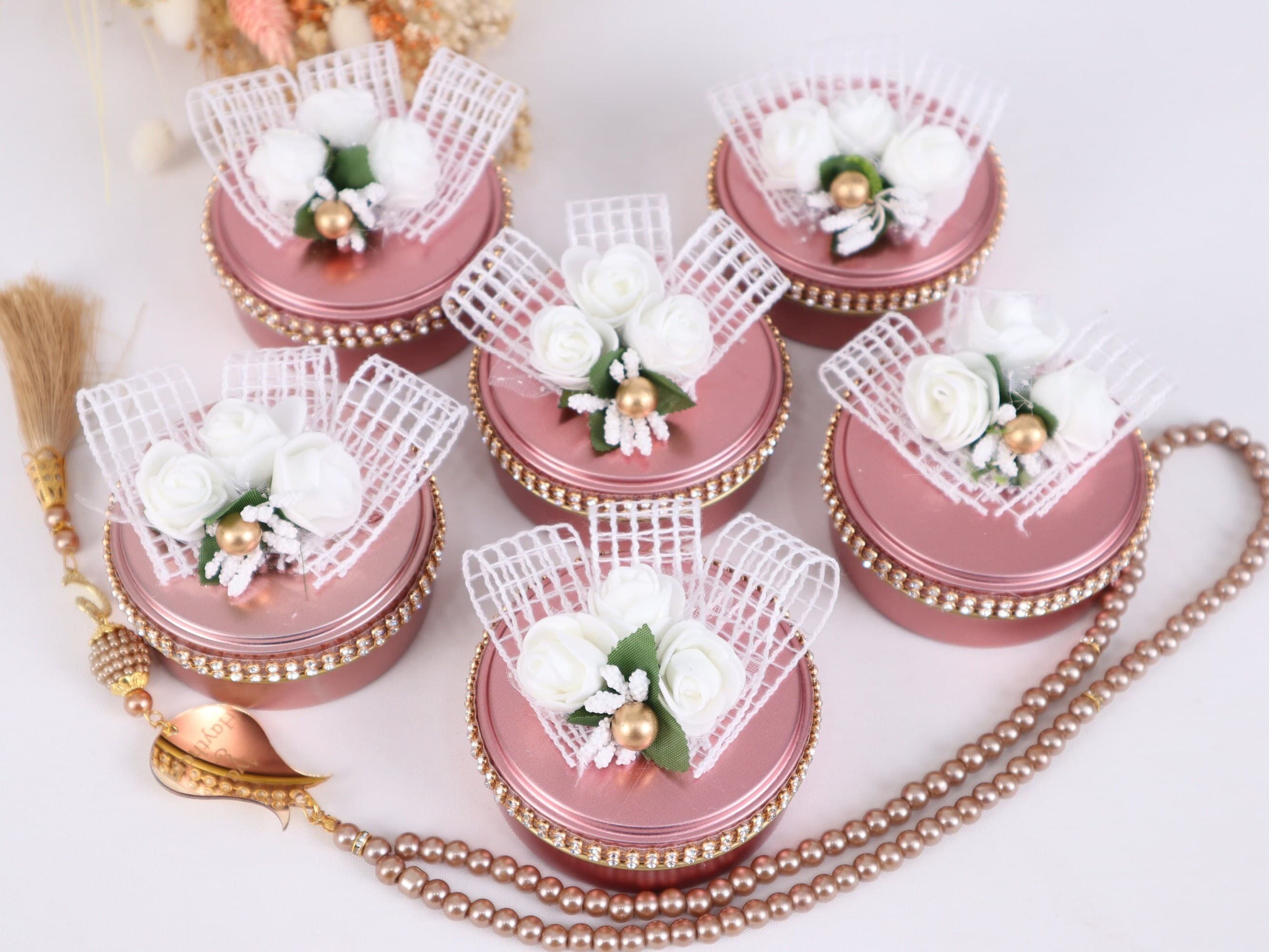 Personalized Pearl Prayer Beads: Metal Box Wedding Favors