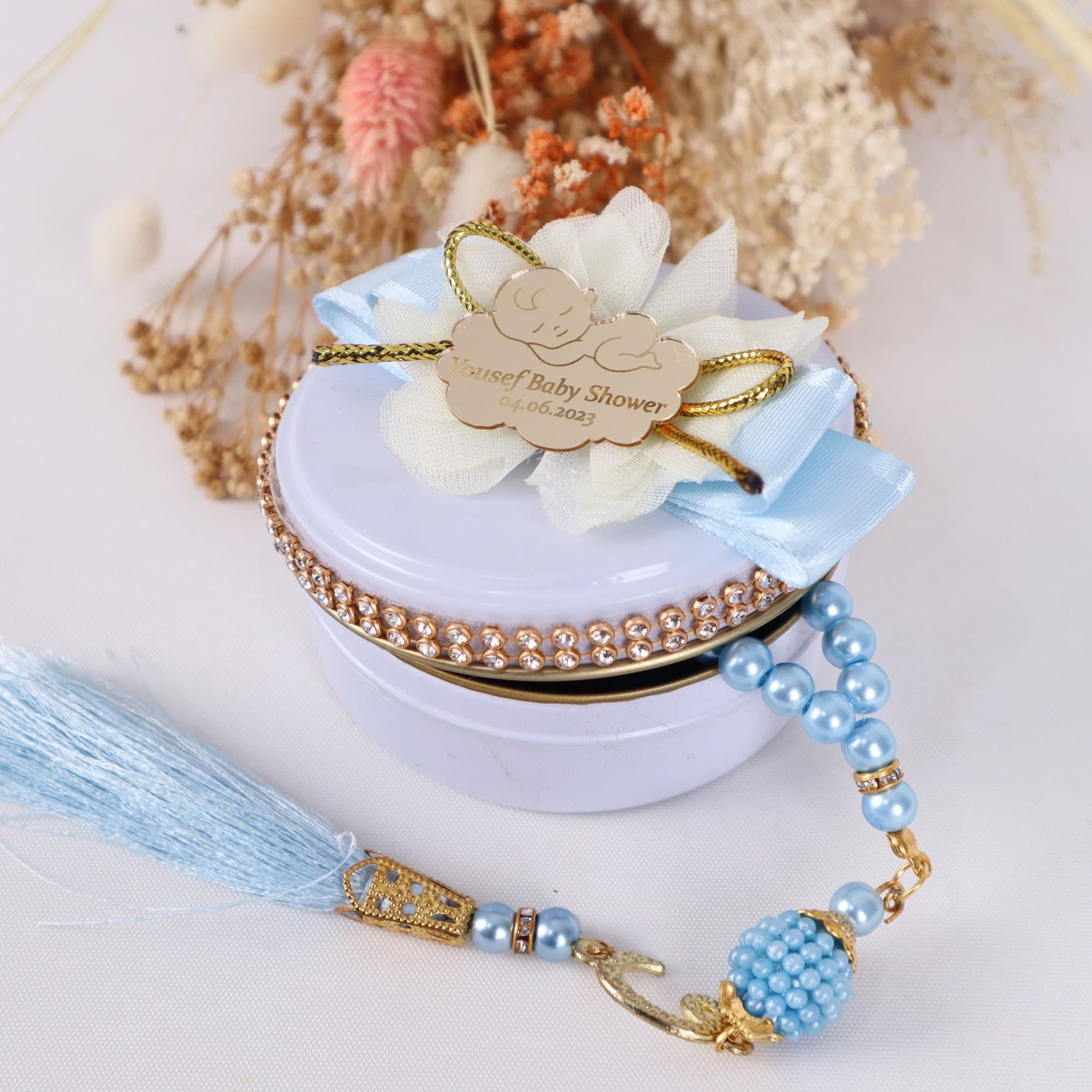Personalized Pearl Prayer Beads, Baby Shower Favors in Metal Box - image 5