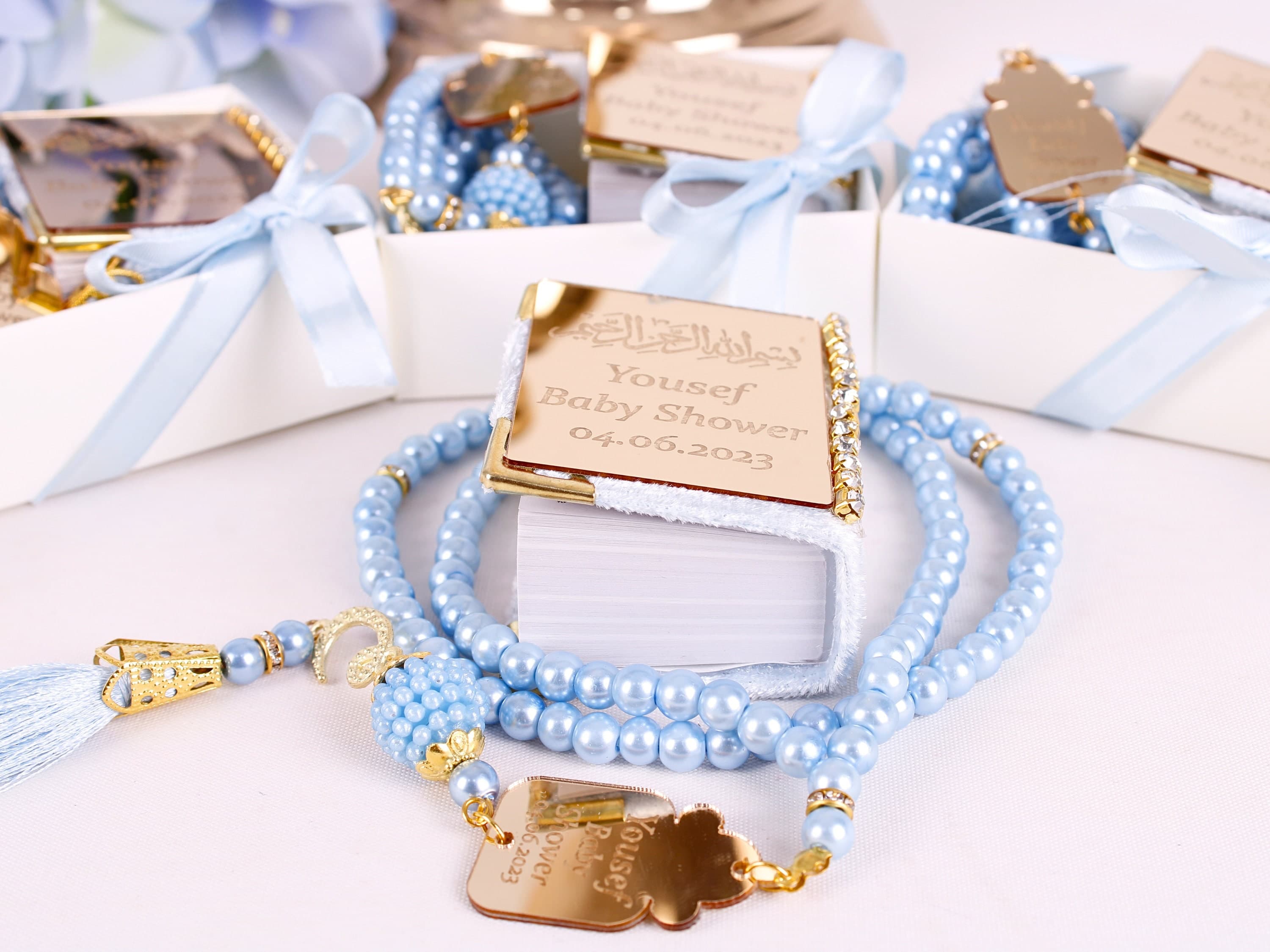 Personalized Mini Quran Gift Set: Velvet, Pearl Tasbeeh, Decorated Box
