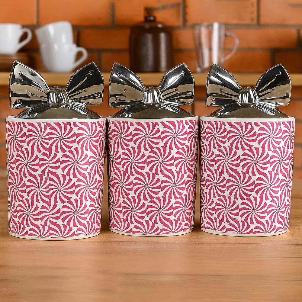 Pink Swirl Ceramic Canister Set, Silver Bow Lids