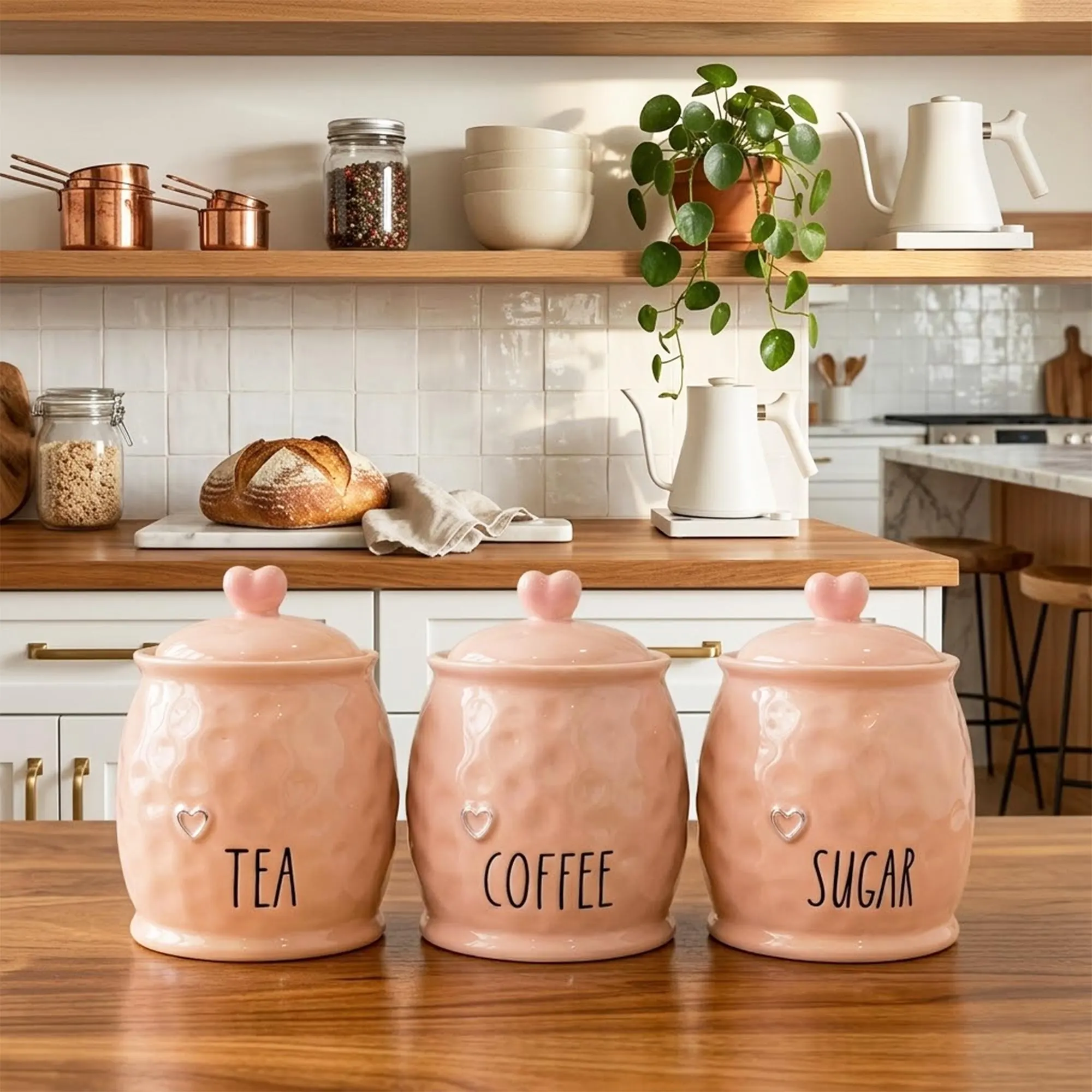 Ceramic Tea, Coffee, Sugar Canister Set - Rustic Heart Lids