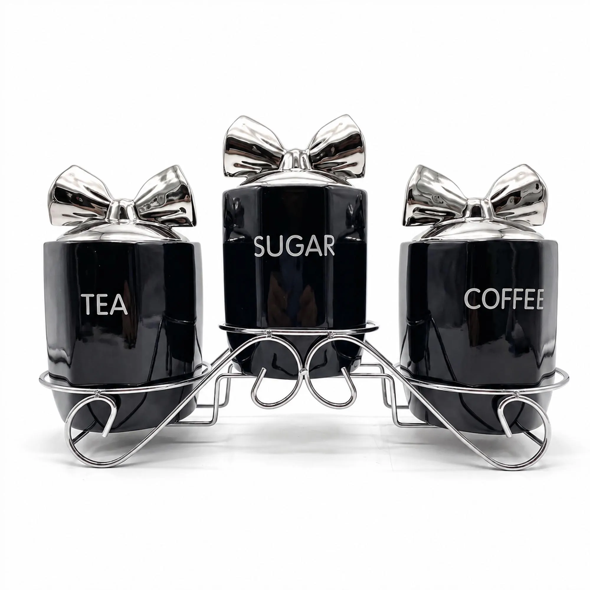 Black Ceramic Tea Coffee Sugar Canister Set with Silver Bow Lids and Stand