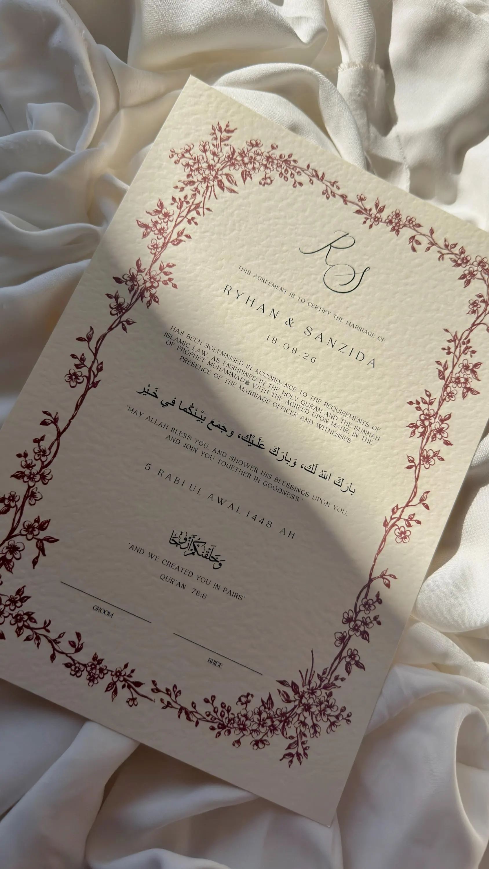 Floral Nikah Certificate, Personalised Muslim Wedding Contract, Marriage keepsake document - image 3