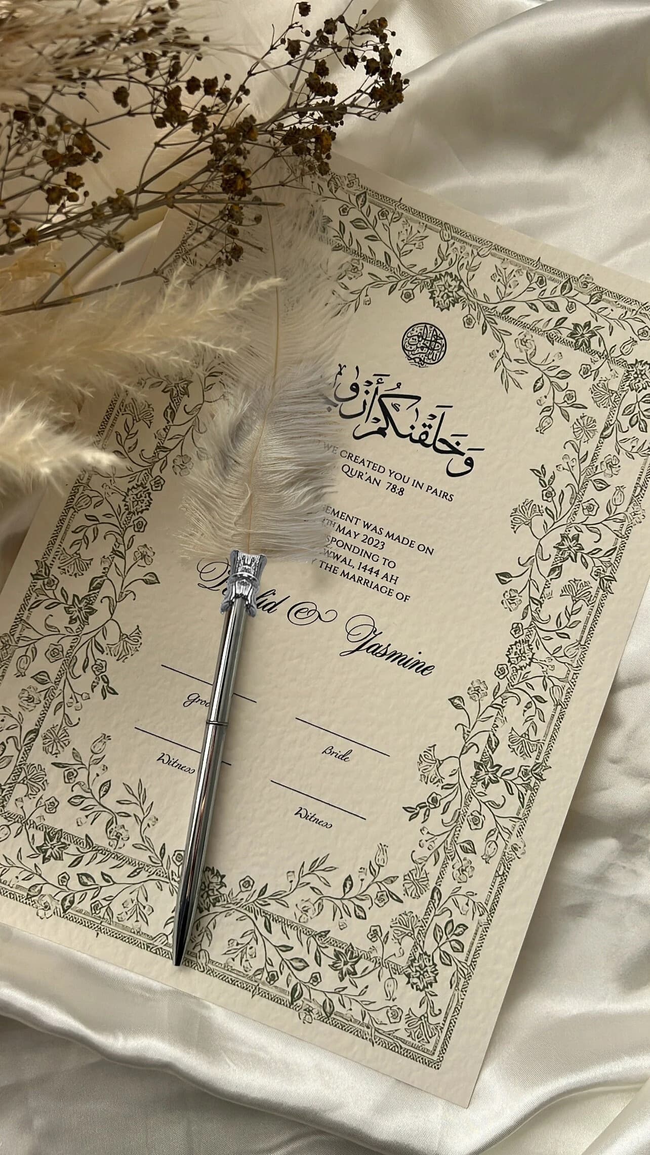 Nikkah Certificate Floral, Islamic Wedding Contract, Nikkah Nama, Muslim Marriage Certificate, Vintage Floral Print, Flower Leaf Olive Green