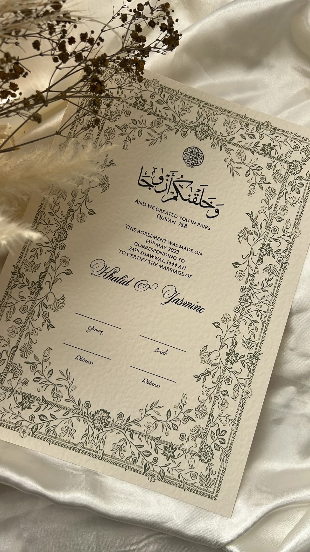 Nikkah Certificate Floral, Islamic Wedding Contract, Nikkah Nama, Muslim Marriage Certificate, Vintage Floral Print, Flower Leaf Olive Green - image 3