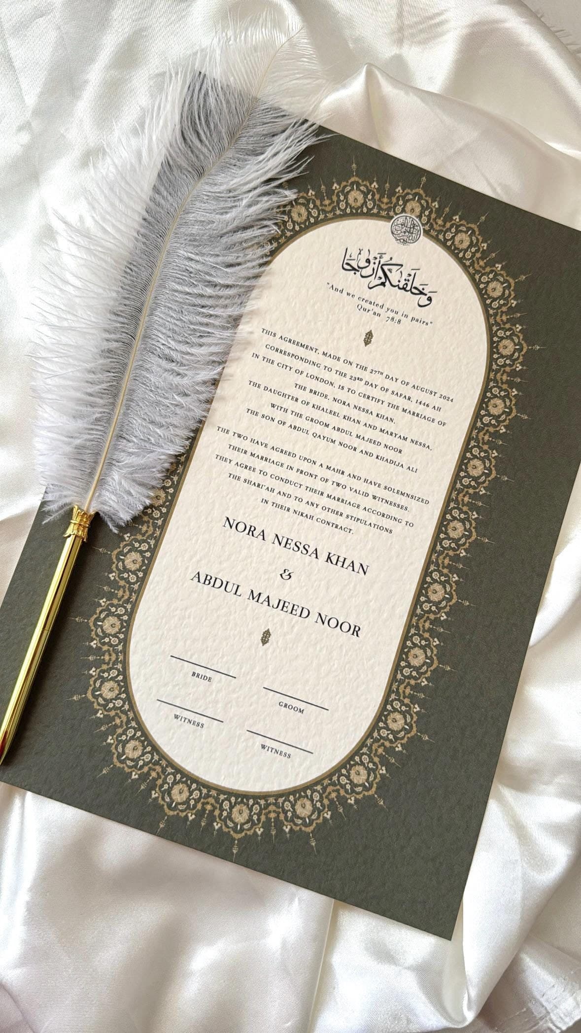 Nikah Certificate in Sage Green, Islamic Wedding Contract, Nikkah Nama, Muslim Marriage Certificate