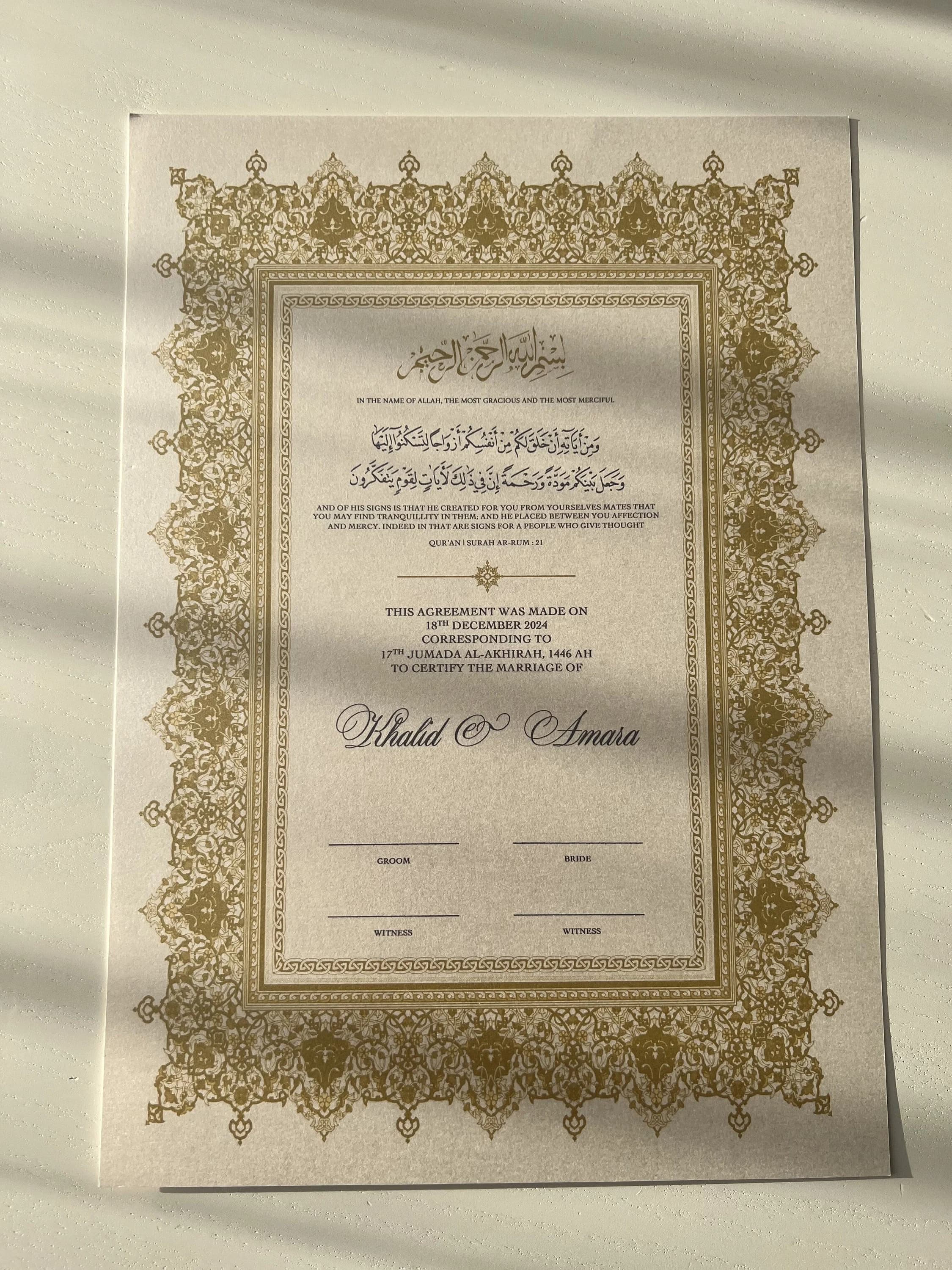 A3 Luxury Nikkah Certificate, Premium A3 Islamic Wedding Contract, Nikkah Nama, Muslim Marriage Certificate, Personalised Names, Quran Verse - image 5