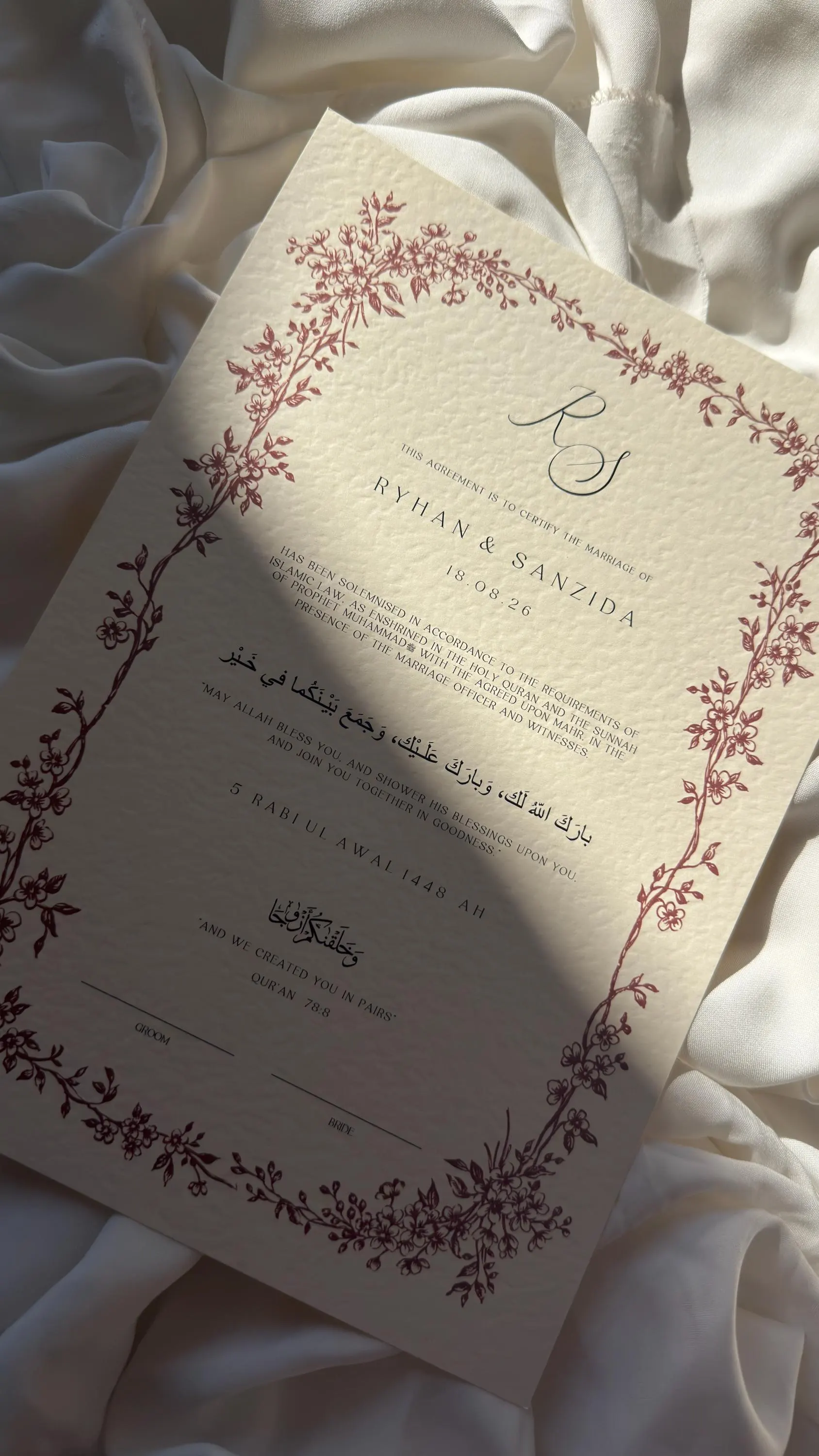 Floral Nikah Certificate, Personalised Muslim Wedding Contract, Marriage keepsake document - image 5
