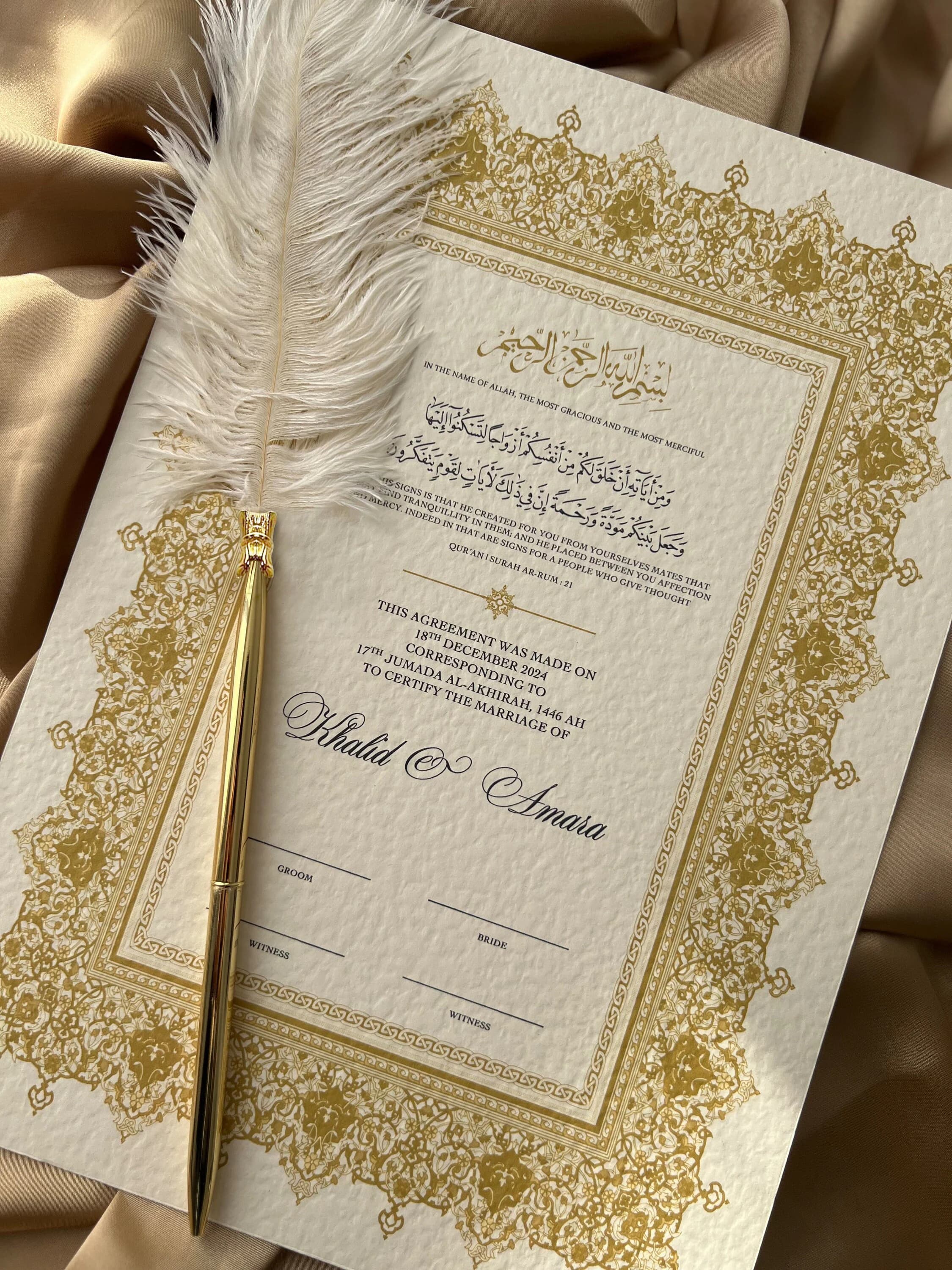 A3 Luxury Nikkah Certificate, Premium A3 Islamic Wedding Contract, Nikkah Nama, Muslim Marriage Certificate, Personalised Names, Quran Verse