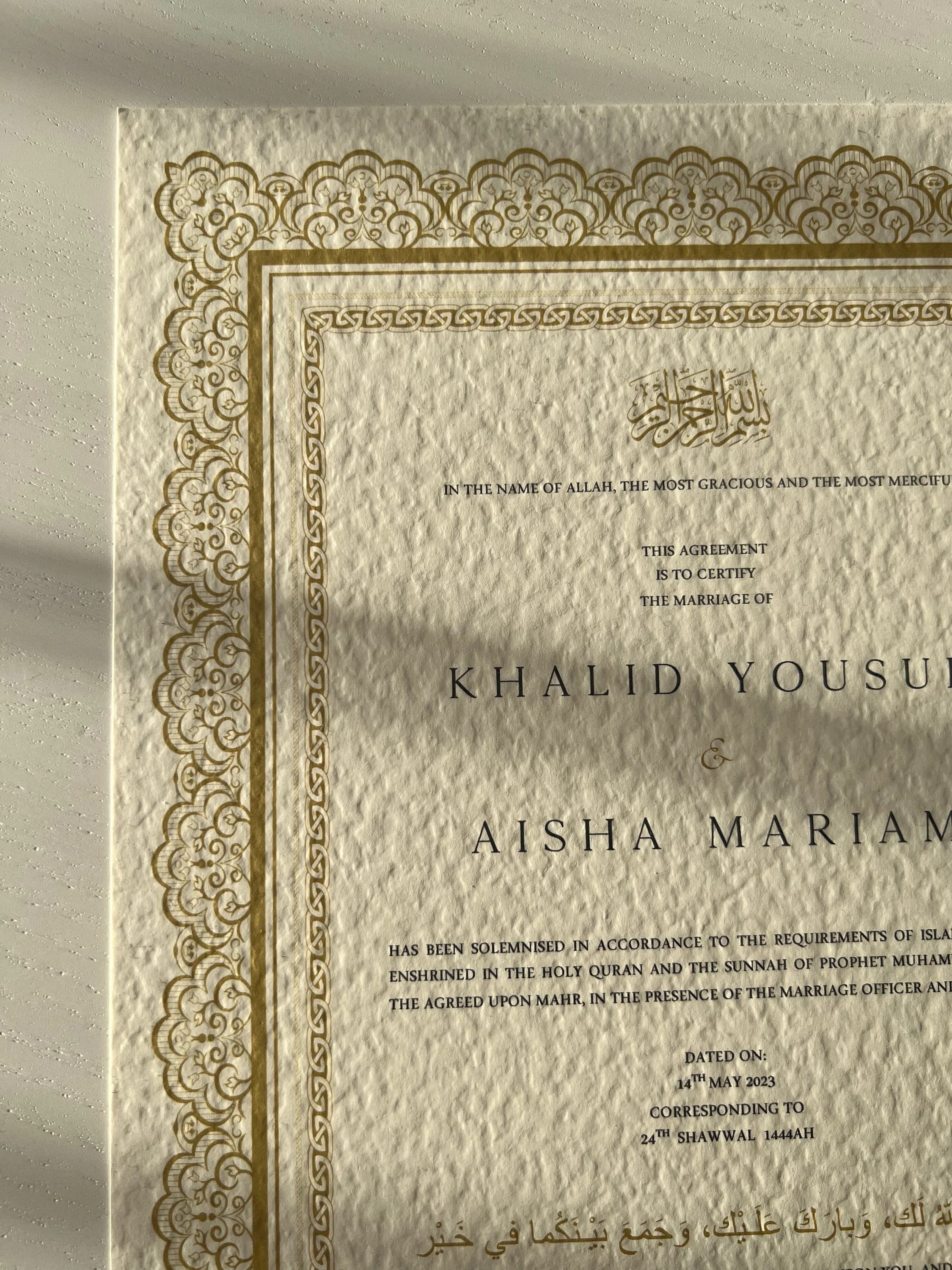 Nikah Certificate in Gold, Islamic Marriage Contract, Muslim Wedding Certificate, Nikkah Nama, Gold Feather Pen - image 5