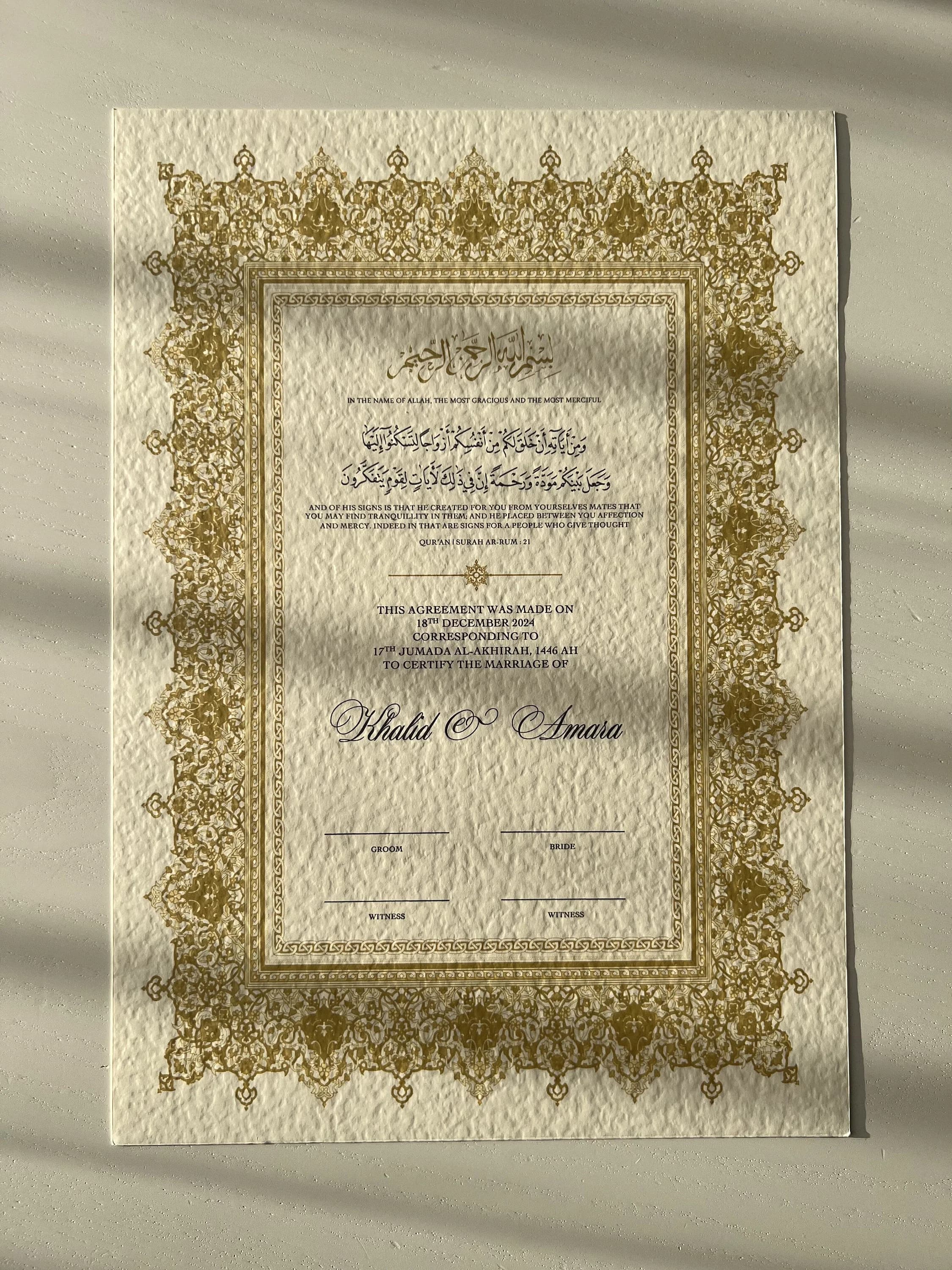 A3 Luxury Nikkah Certificate, Premium A3 Islamic Wedding Contract, Nikkah Nama, Muslim Marriage Certificate, Personalised Names, Quran Verse - image 3
