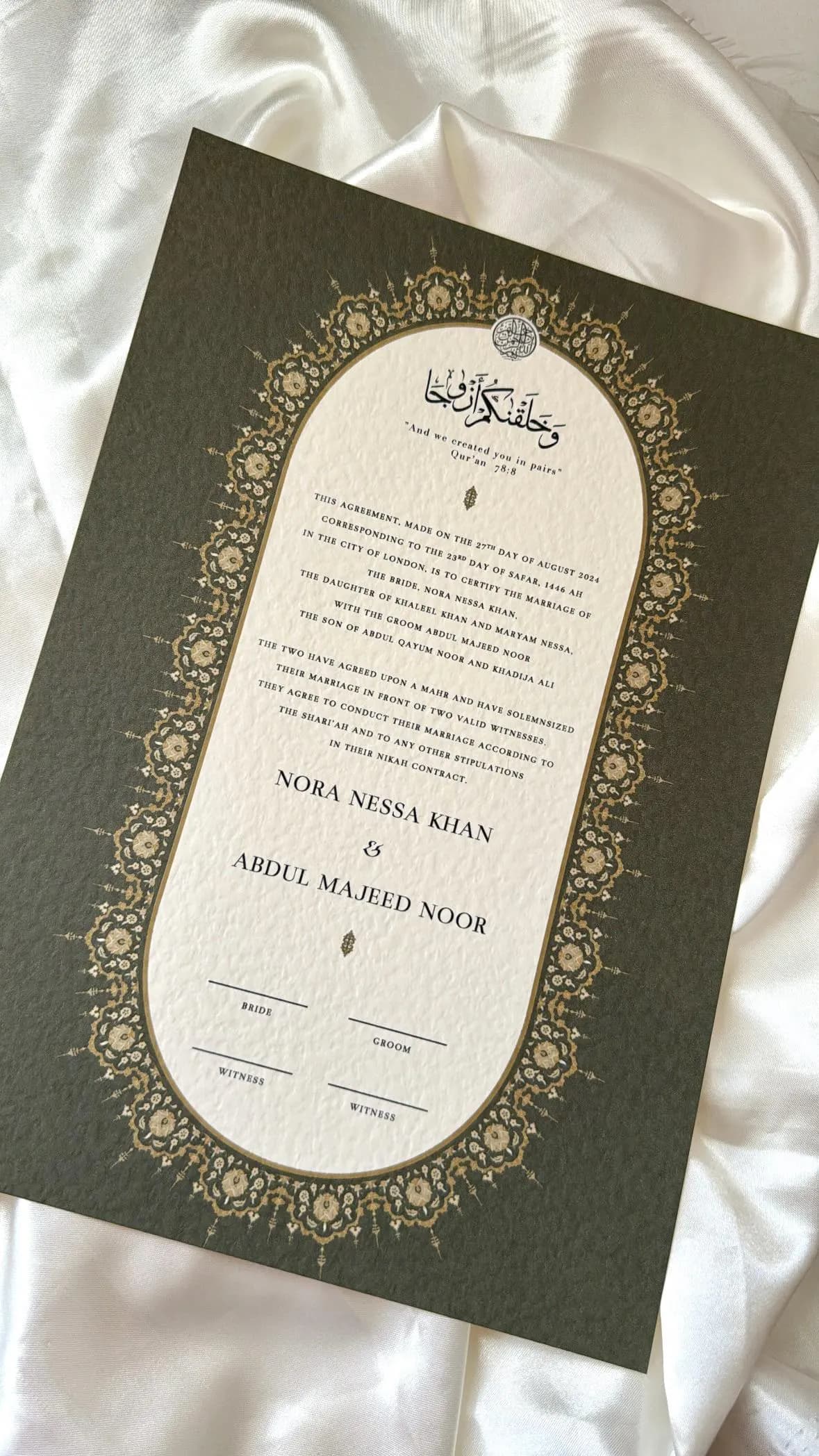 Nikah Certificate in Sage Green, Islamic Wedding Contract, Nikkah Nama, Muslim Marriage Certificate - image 3