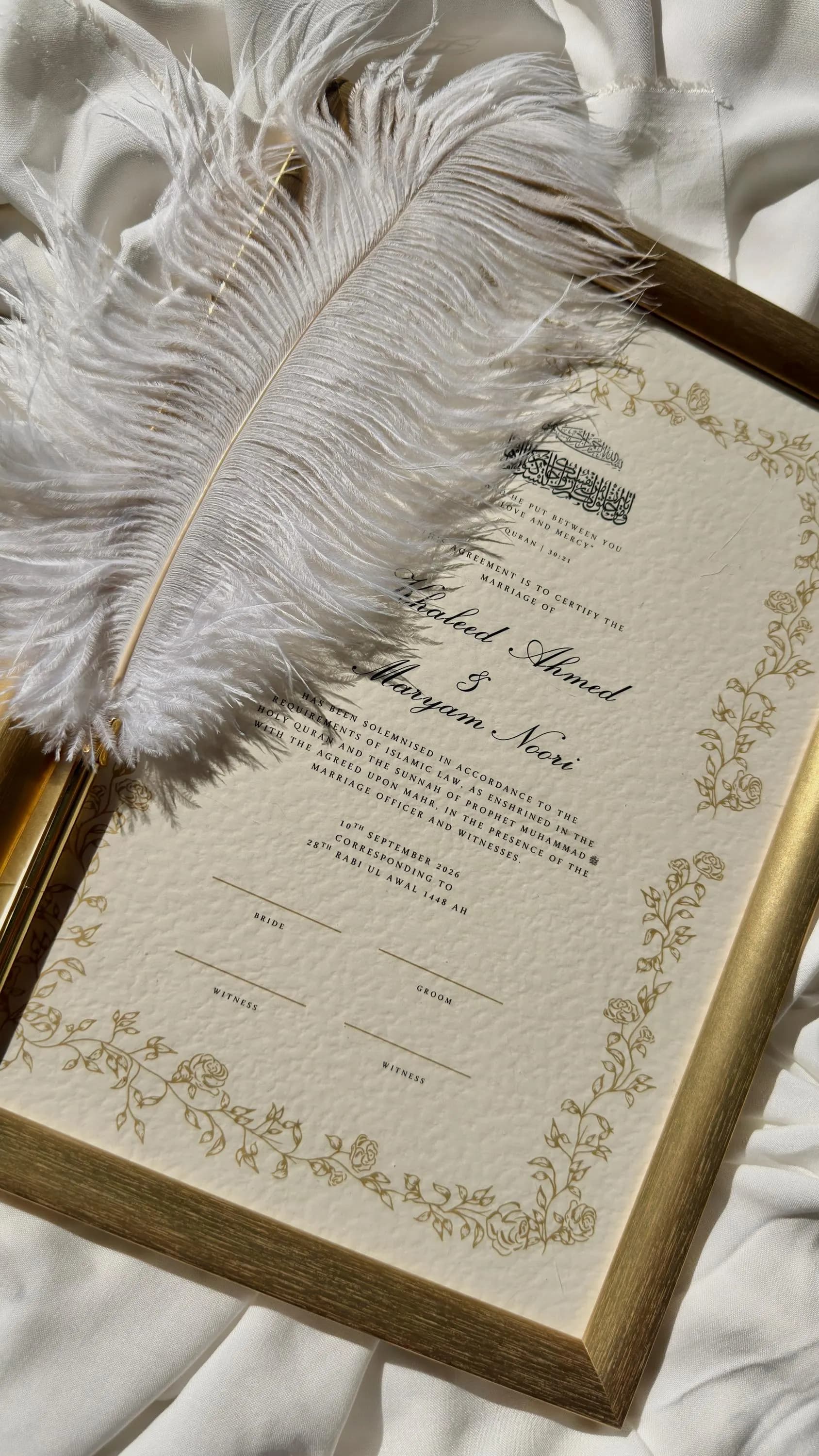 Luxury Nikah Certificate, Islamic Wedding Contract, Nikkah Nama, Muslim Marriage Certificate, Personalised Names, Quran Verse, Floral Nikah