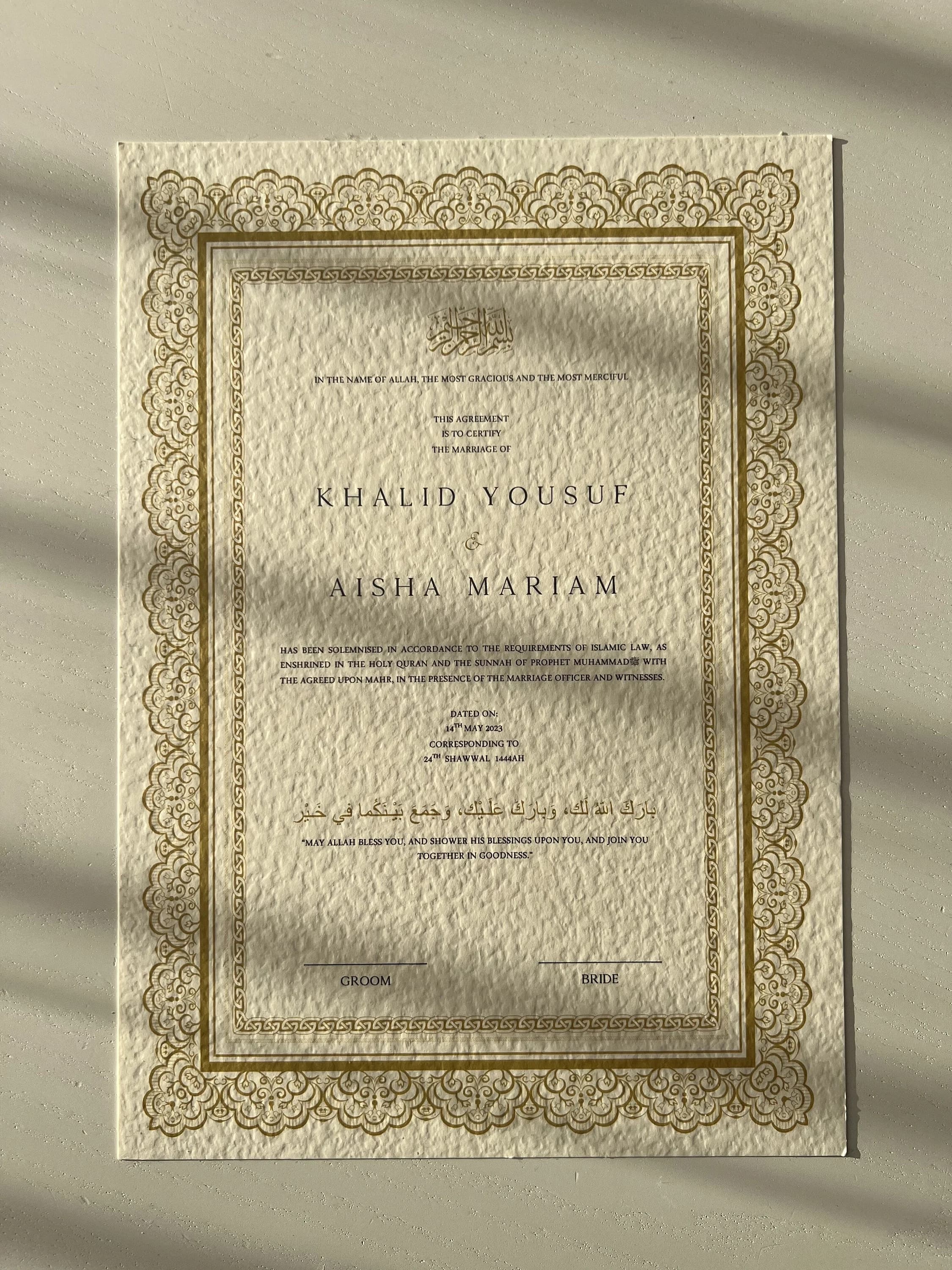 Nikah Certificate in Gold, Islamic Marriage Contract, Muslim Wedding Certificate, Nikkah Nama, Gold Feather Pen - image 4