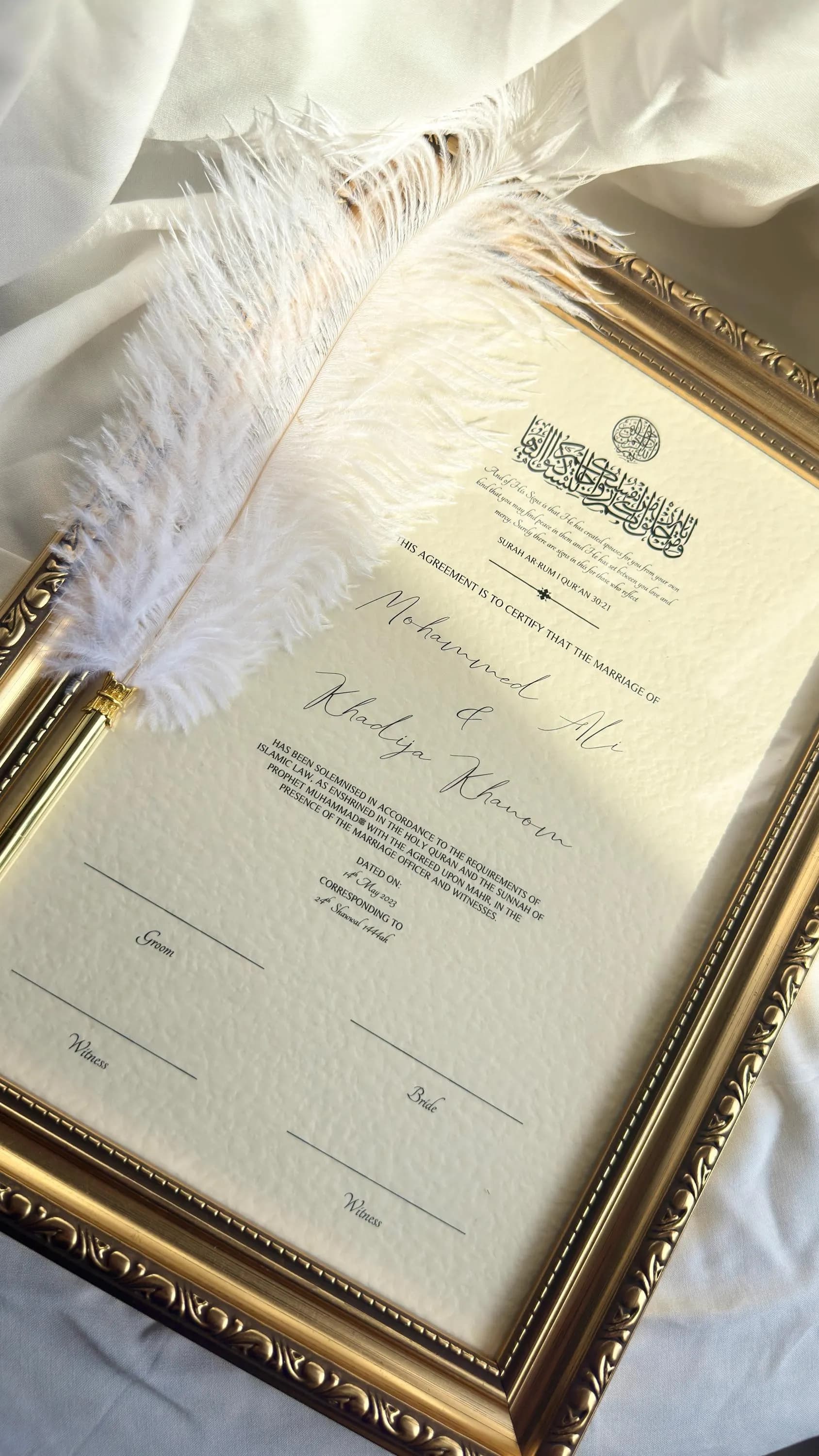Nikah Certificate with Vintage Frame, Islamic Marriage Certificate, Personalised Muslim Wedding Nikkah Nama, Nikah Signing Set with Gold Pen