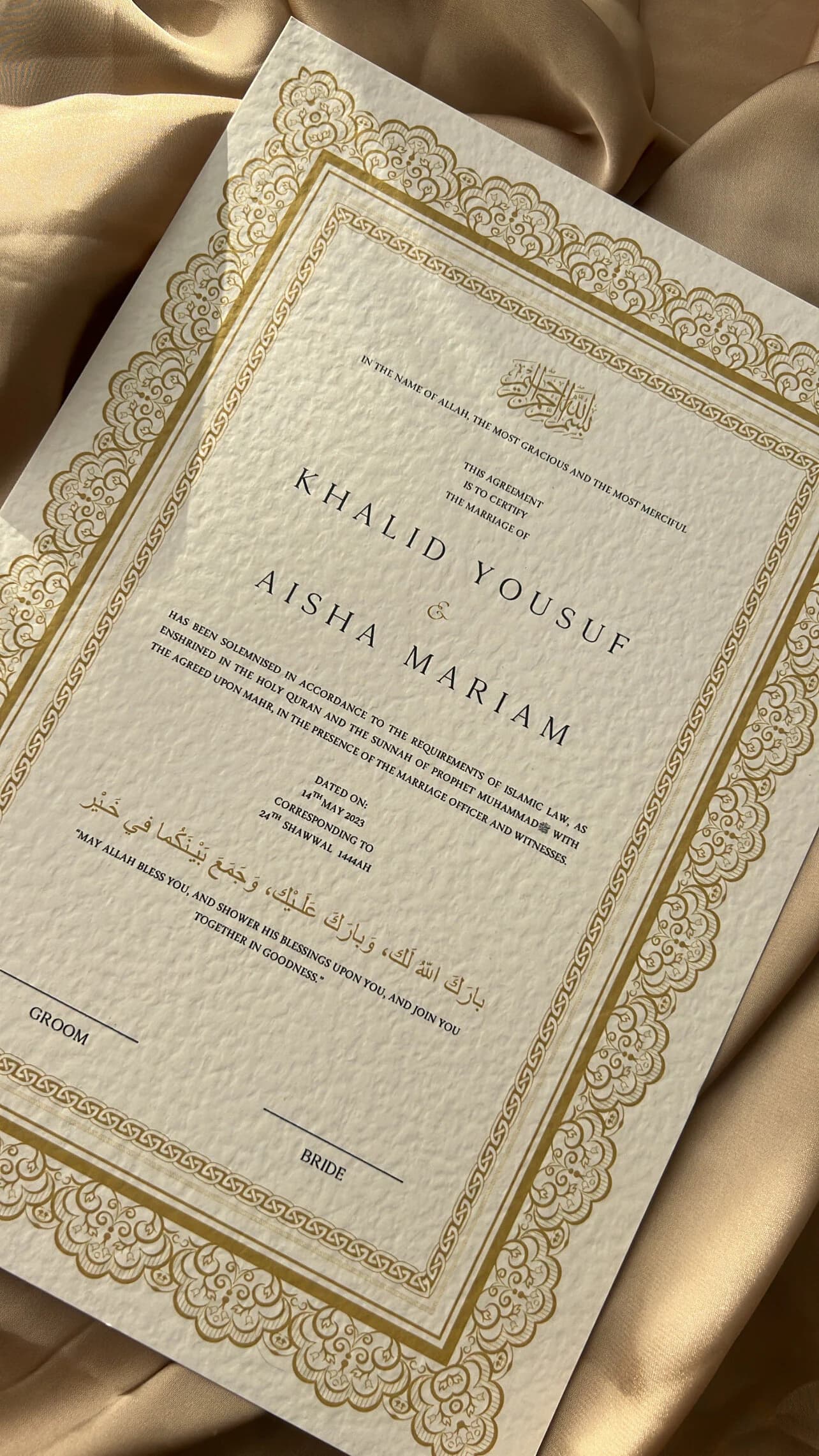 Nikah Certificate in Gold, Islamic Marriage Contract, Muslim Wedding Certificate, Nikkah Nama, Gold Feather Pen - image 3