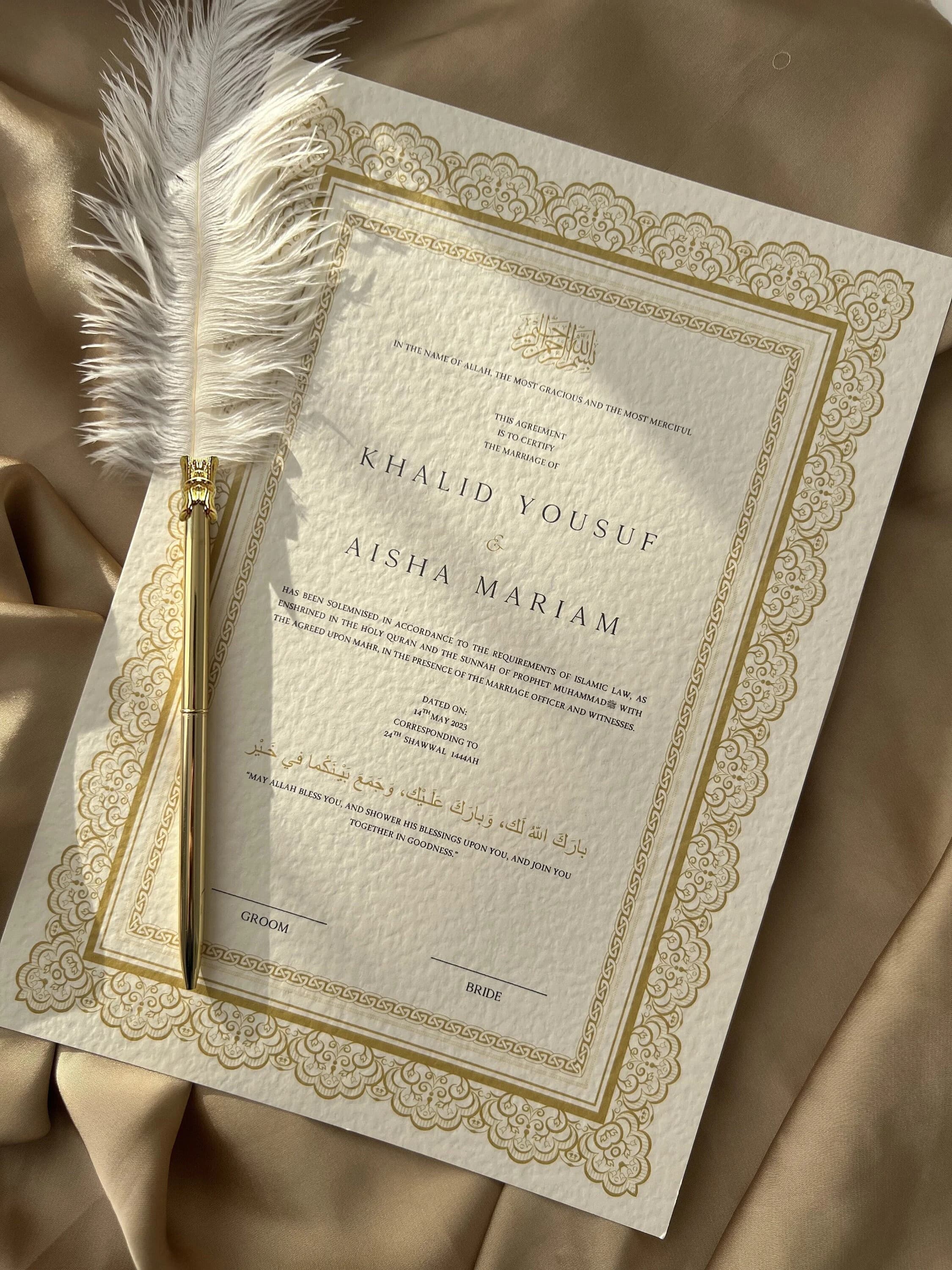 Nikah Certificate in Gold, Islamic Marriage Contract, Muslim Wedding Certificate, Nikkah Nama, Gold Feather Pen