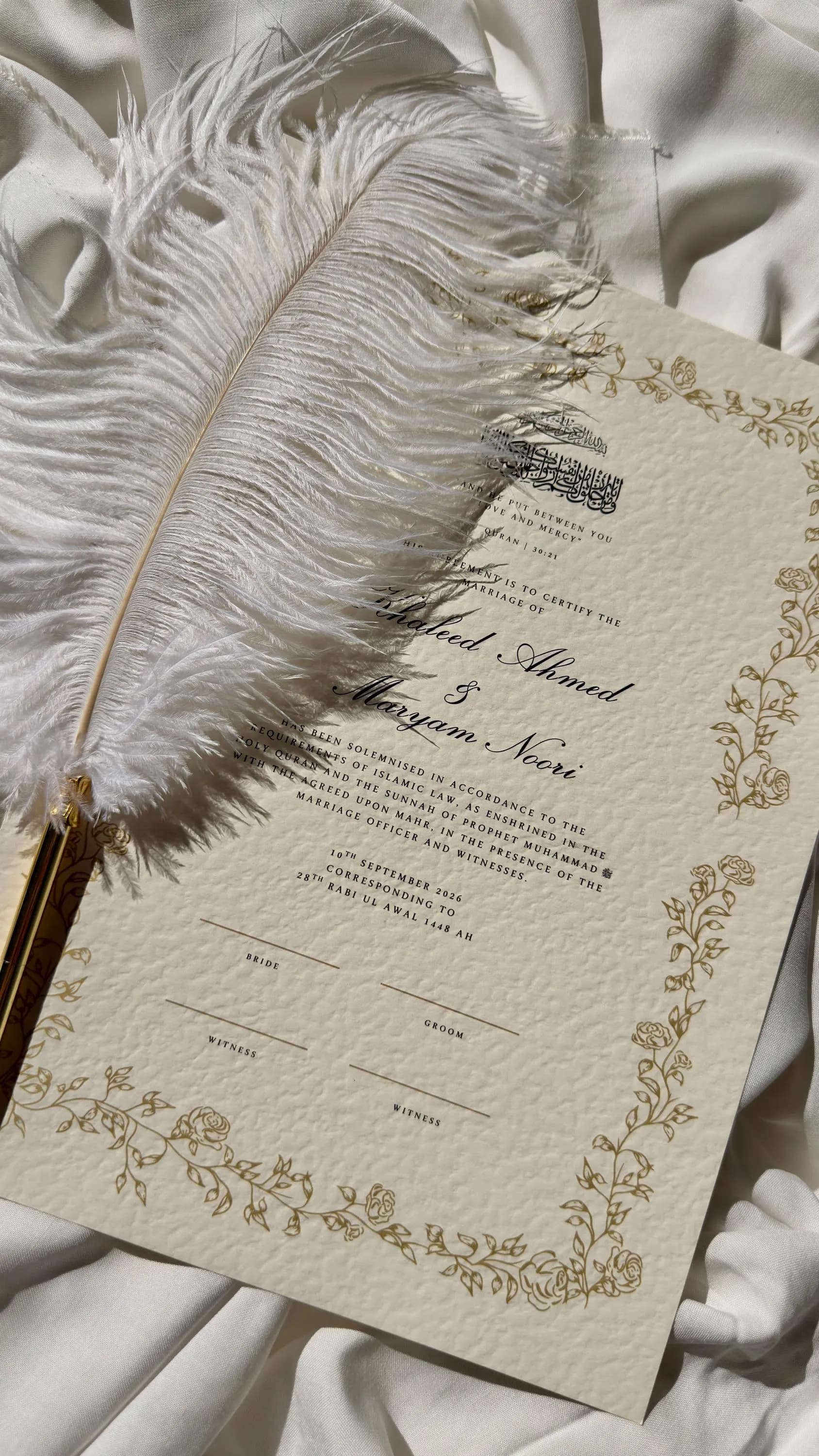 Floral Nikkah Certificate, Gold A4 Islamic Wedding Contract, Nikkah Nama, Muslim Marriage Certificate, Personalised Names, Quran Verse