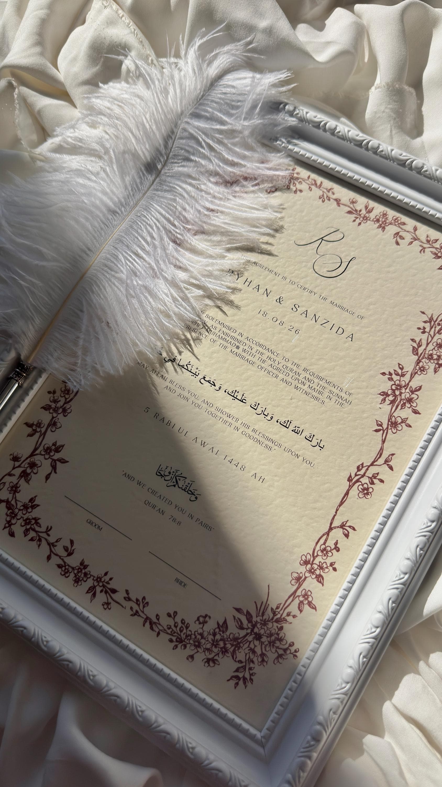 Floral Nikah Certificate, Personalised Muslim Wedding Contract, Marriage keepsake document