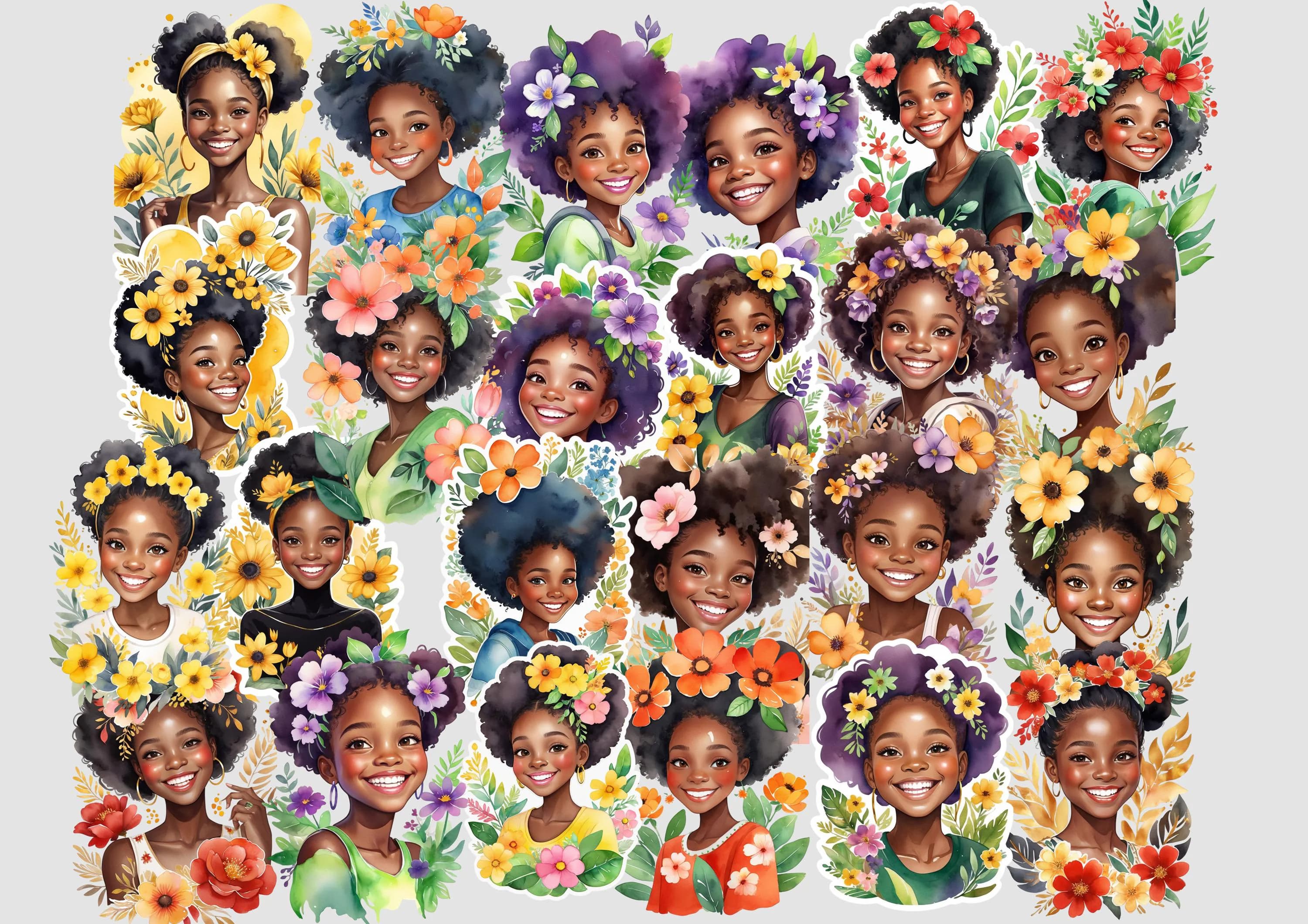 Floral Cute Black American African Girl | PNG Digital Stickers | Black Girl Plant Lovers | Flowers | Happy Black Girl | Afro Black Girl PNG - image 3